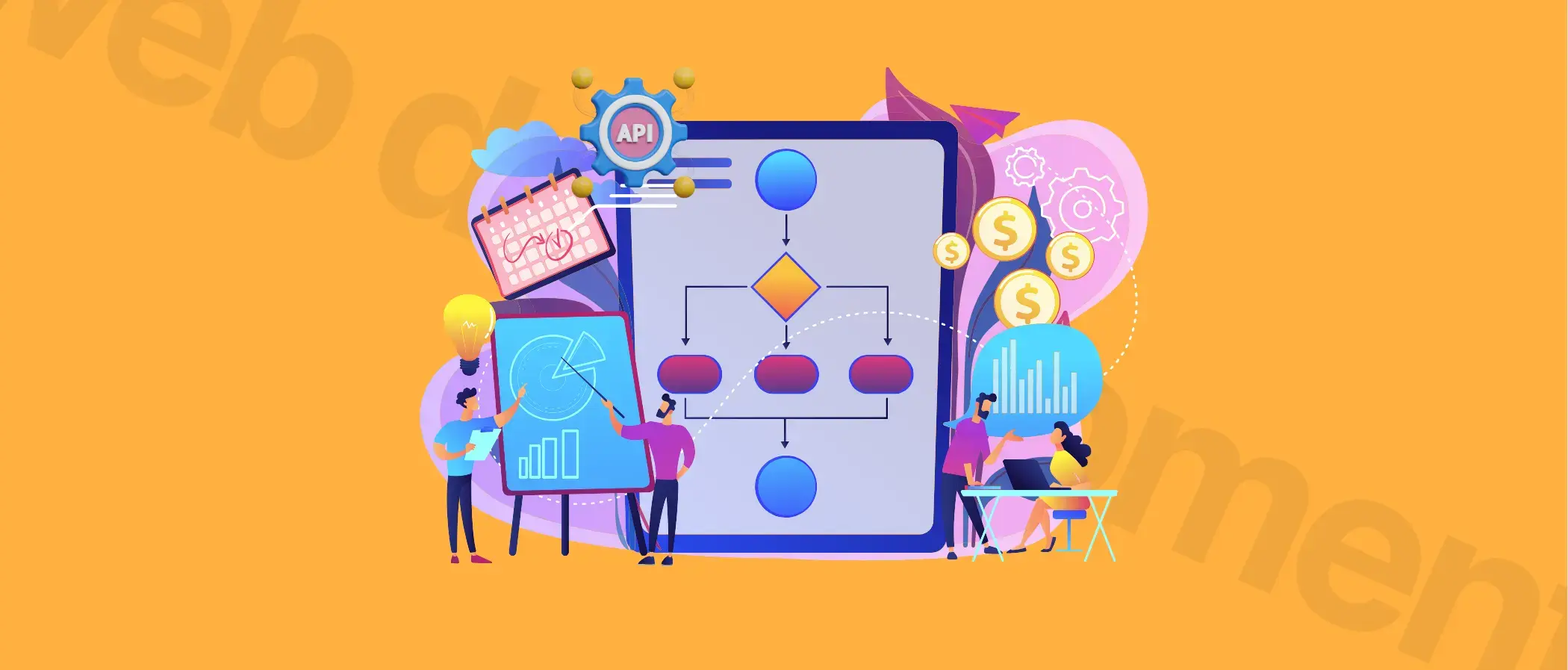 Illustration of people working with flowcharts, graphs, and gears on a bright orange background, symbolizing data analysis and automation.