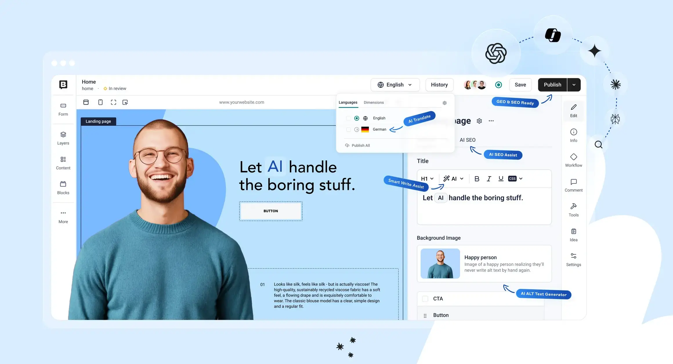 Screenshot of a website editor interface with a smiling person on the left, showing text editing and design tools on a light blue background.