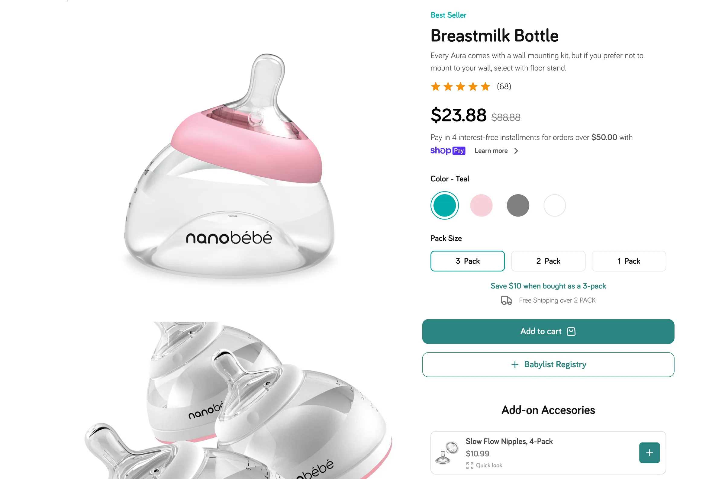Breastmilk bottle with a pink cap, priced at $23.88. Features include a pack size option and add-on accessories like slow flow nipples.