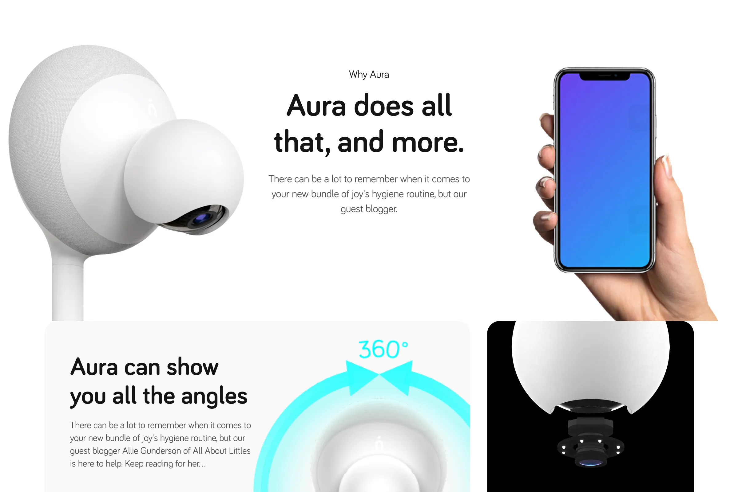 Breastfeeding device with a spherical design, a hand holding a smartphone, and text highlighting features like 360-degree view and hygiene tips