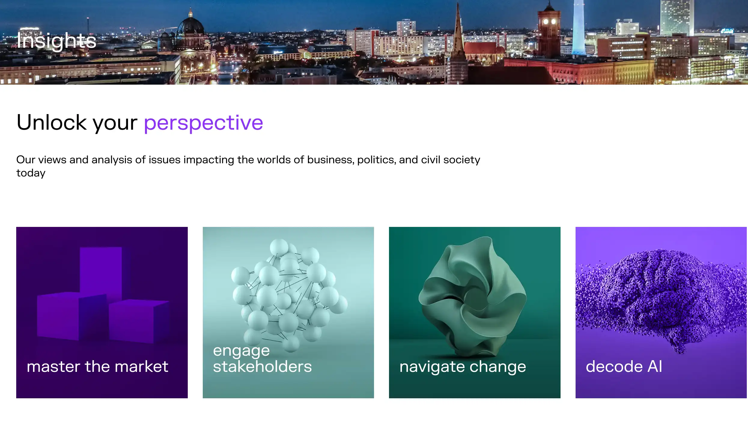 A city skyline at night above four colorful boxes labeled: master the market, engage stakeholders, navigate change, decode AI.