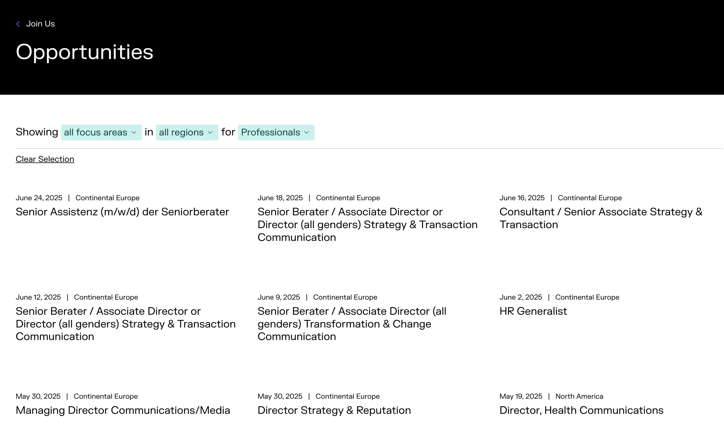 FGS Global website listing job opportunities with positions, showing dates and regions