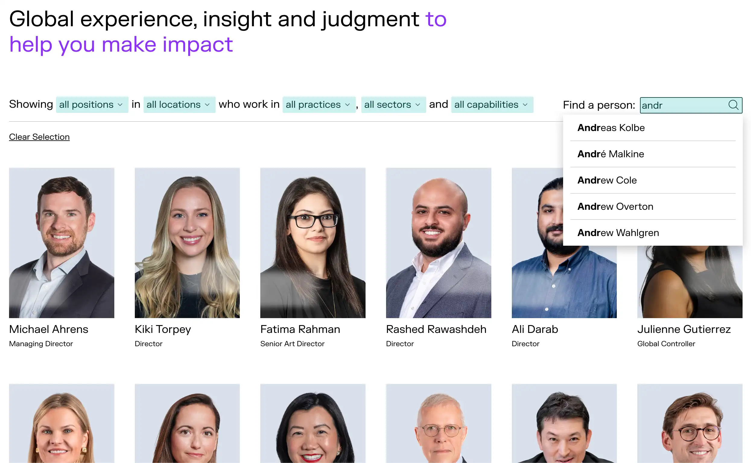 FGS Global webpage with a search filter and profile images of professionals, including names and titles