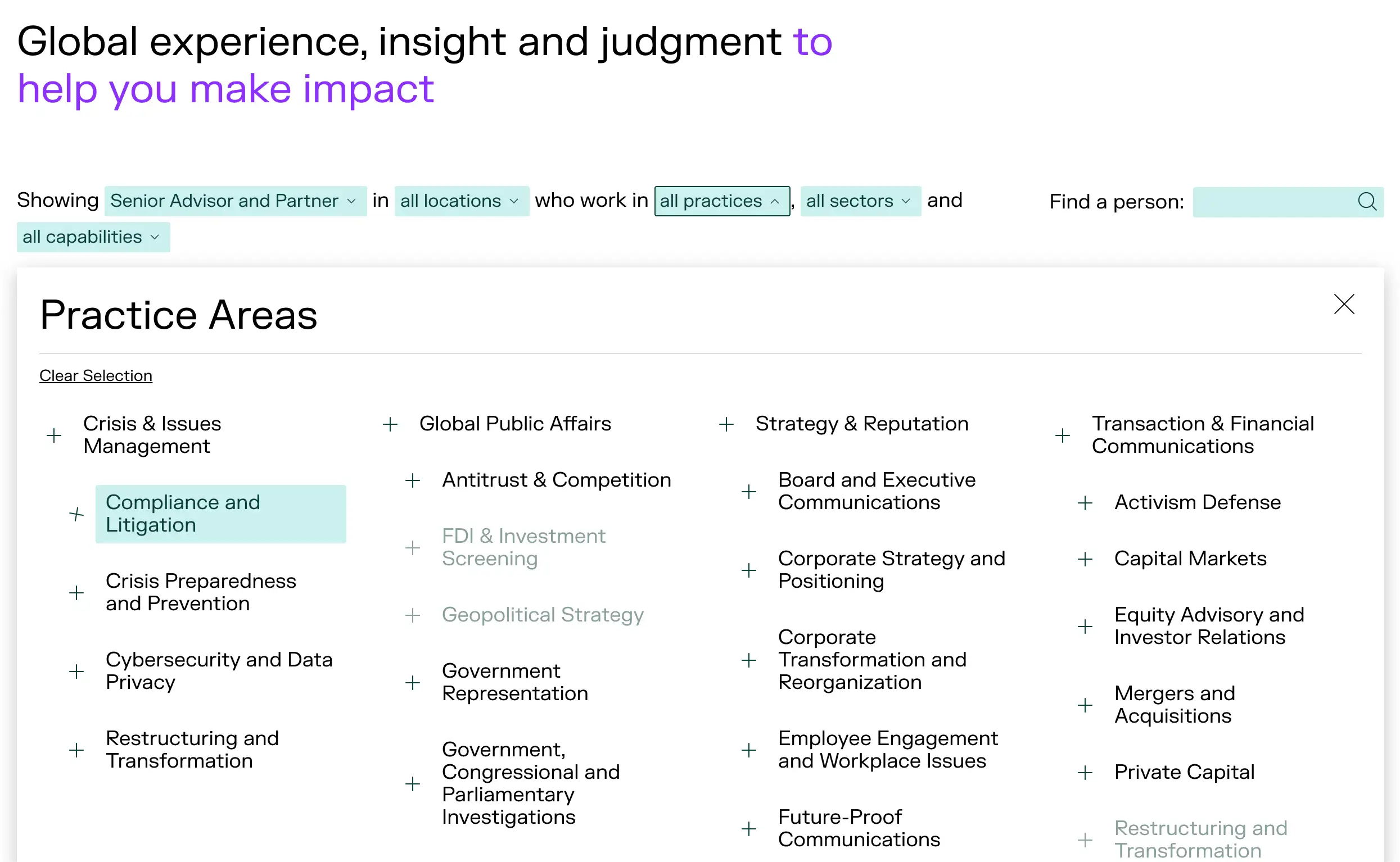 Screenshot of a FGS Global webpage showing a search filter and a list of practice areas
