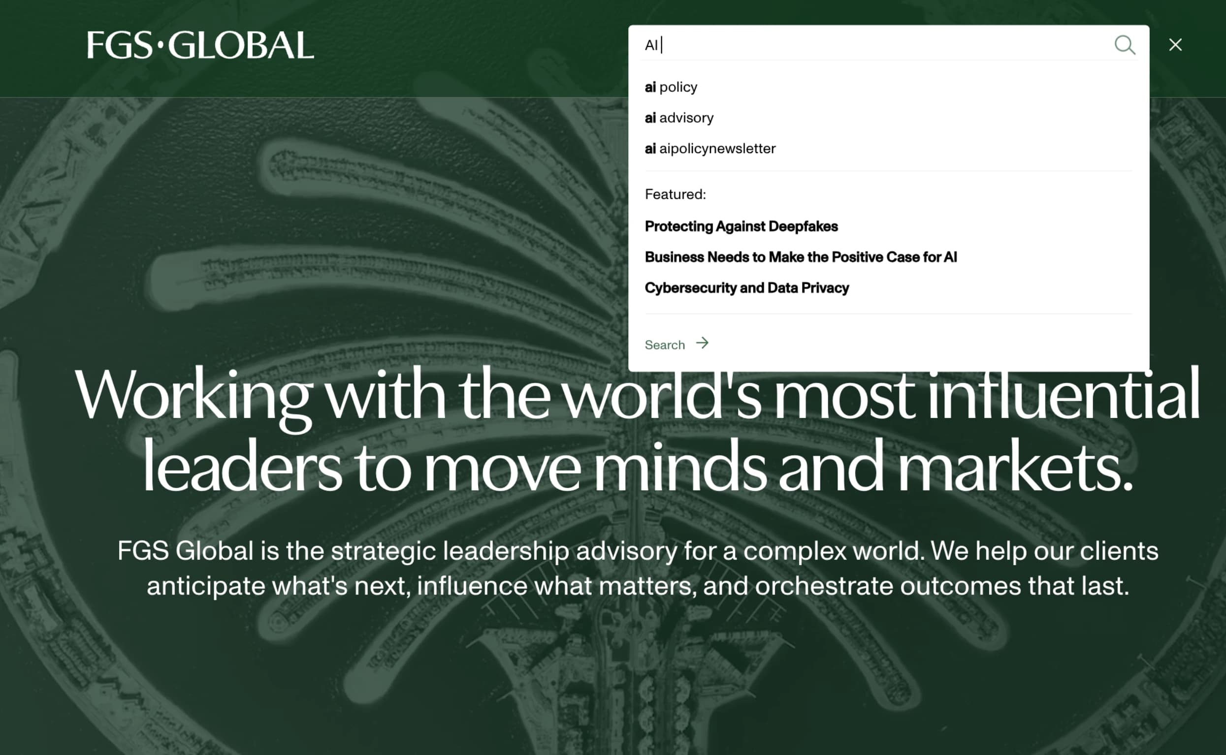 FGS Global website homepage with a search bar displaying results for "AI" and text about strategic leadership advisory services.