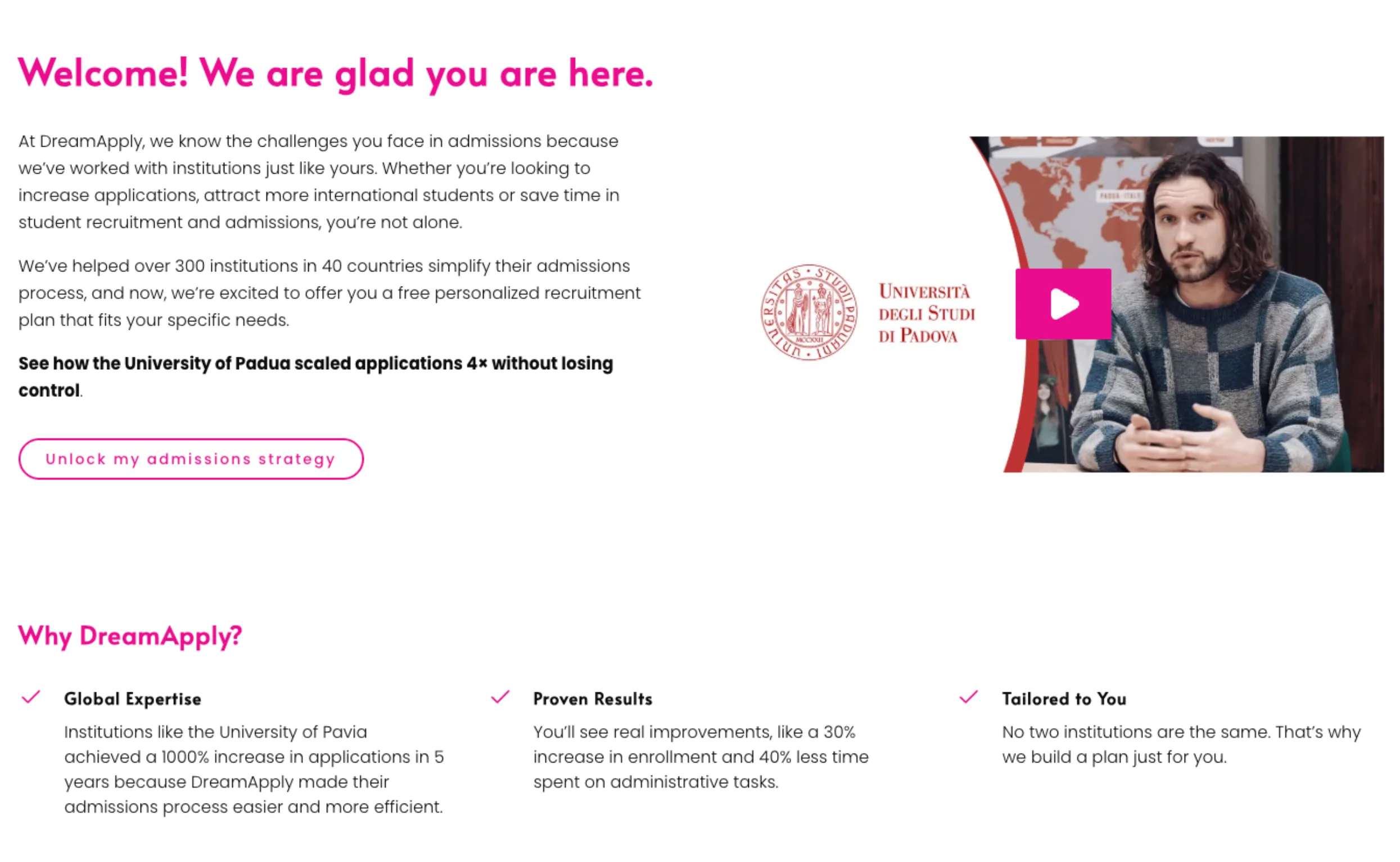 Website offering personalized admissions strategies with proven global results, featuring a University of Padua success story video.