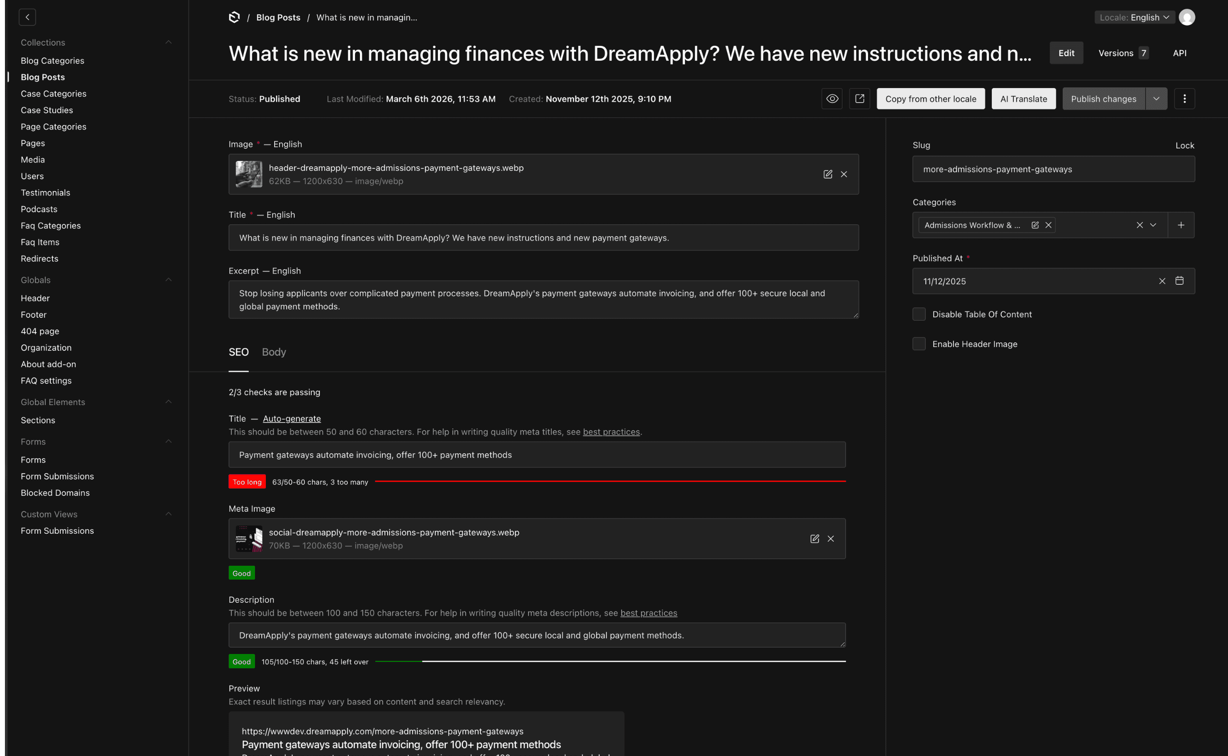 Dashboard interface showing a blog post titled "What is new in managing finances with DreamApply?" with options for editing.