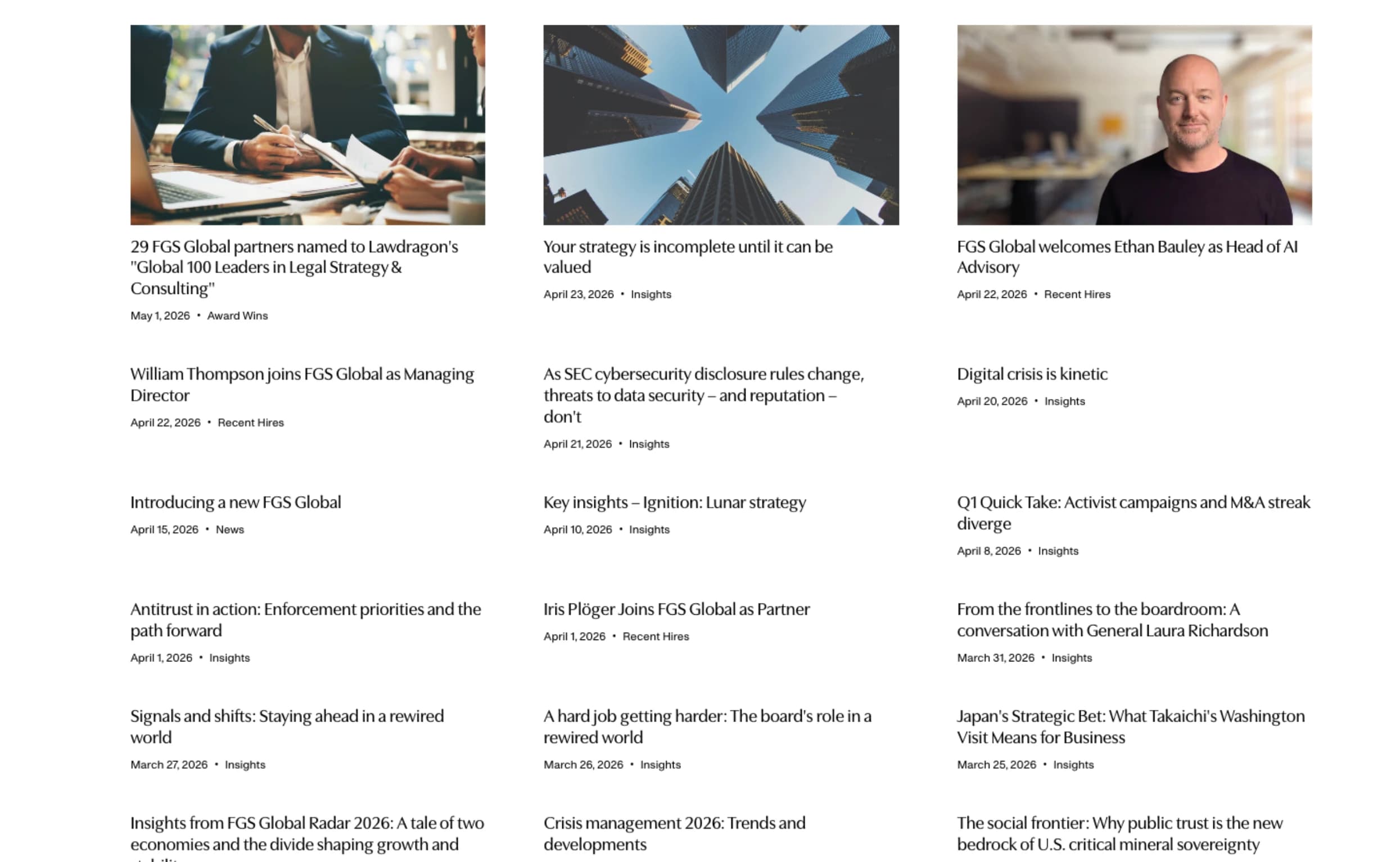 News articles and updates from FGS Global, featuring recent hires, insights on strategy and cybersecurity, and award recognitions, dated April 2026.