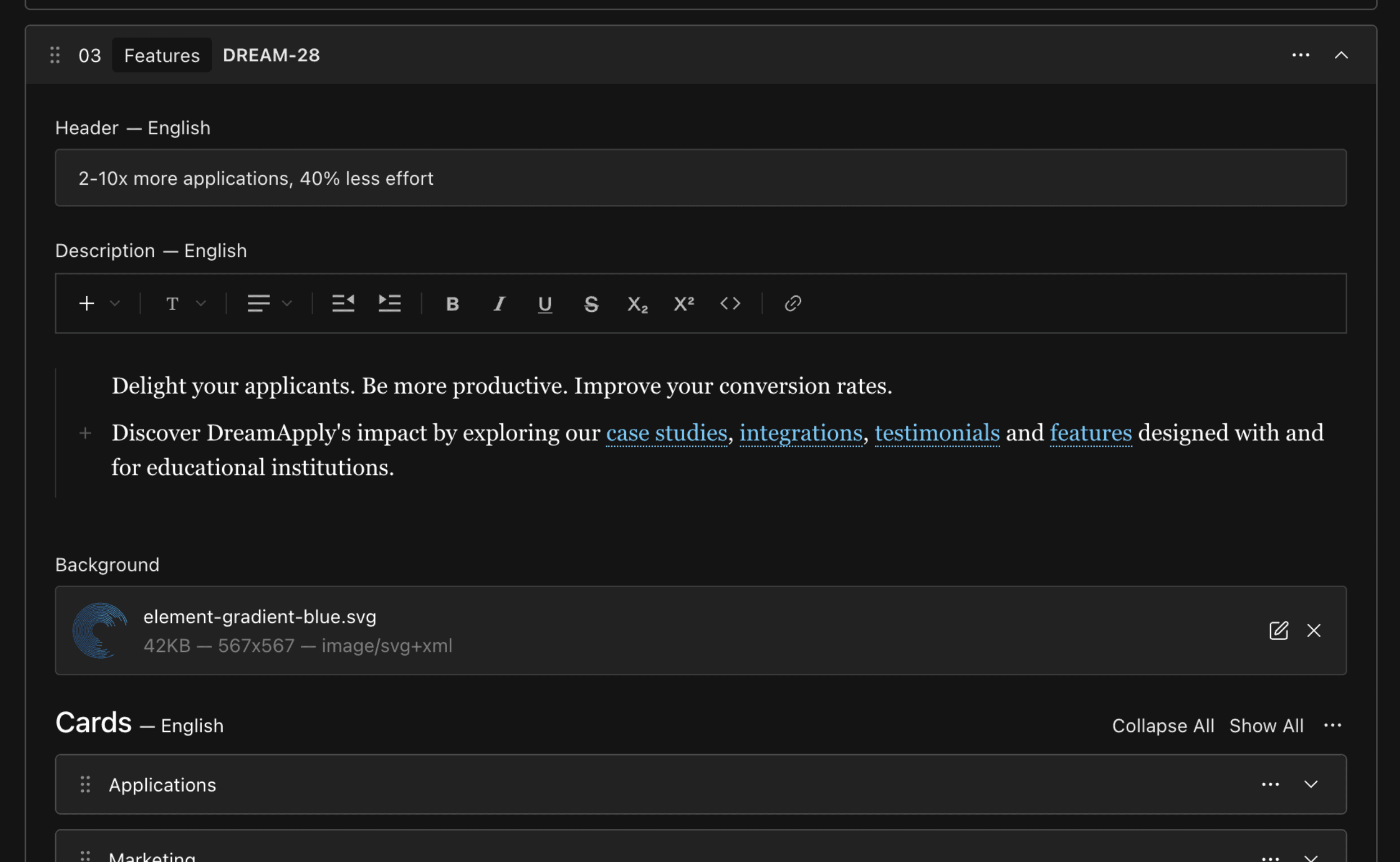Interface displaying text: "2-10x more applications, 40% less effort." Features include case studies, integrations, and testimonials for educational institutions.