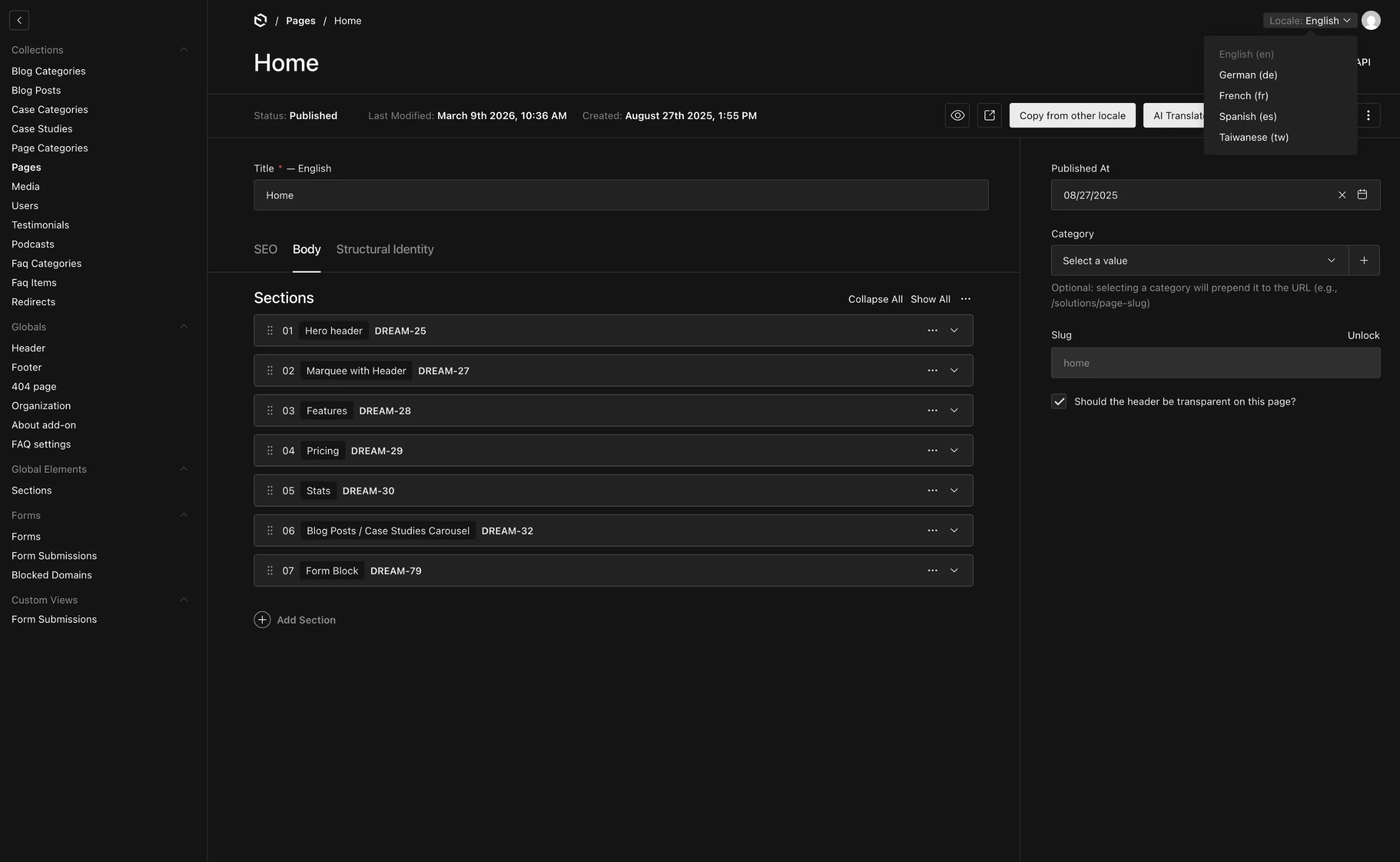 CMS interface showing page sections like Hero Header and Pricing with options for locale and publication details.