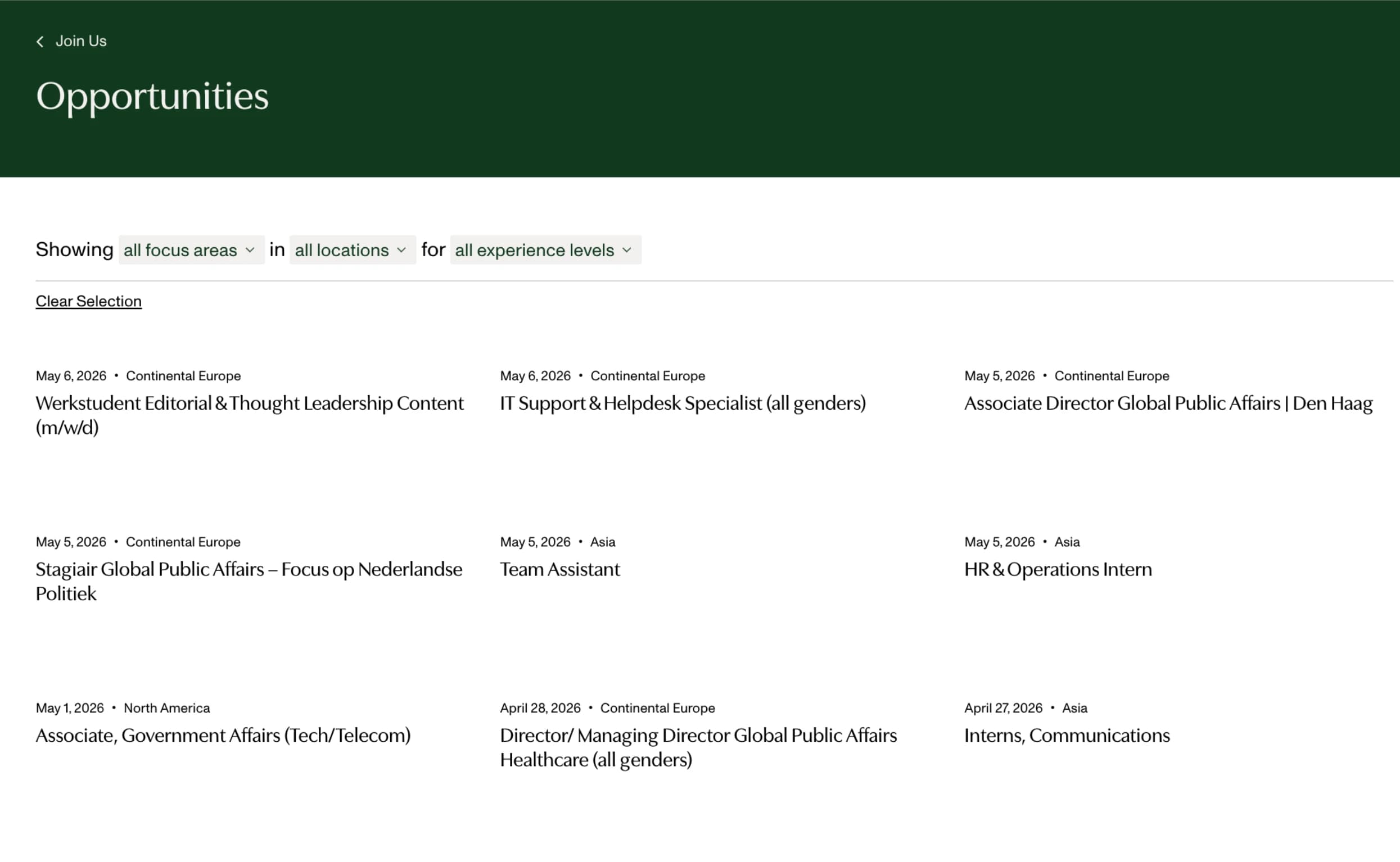 Job opportunities list with positions in Europe, Asia, and North America. Includes roles in public affairs, IT support, and communications.