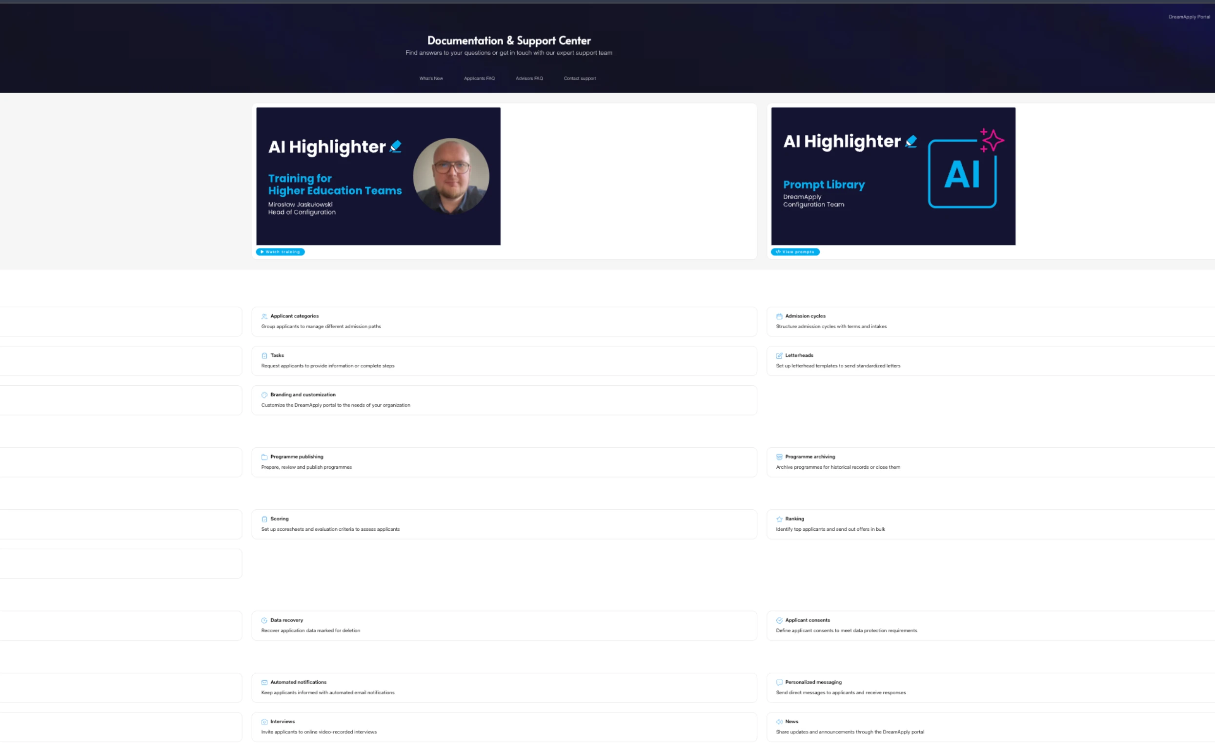 Documentation and Support Center webpage with AI Highlighter training and prompt library sections, and navigational categories listed below.