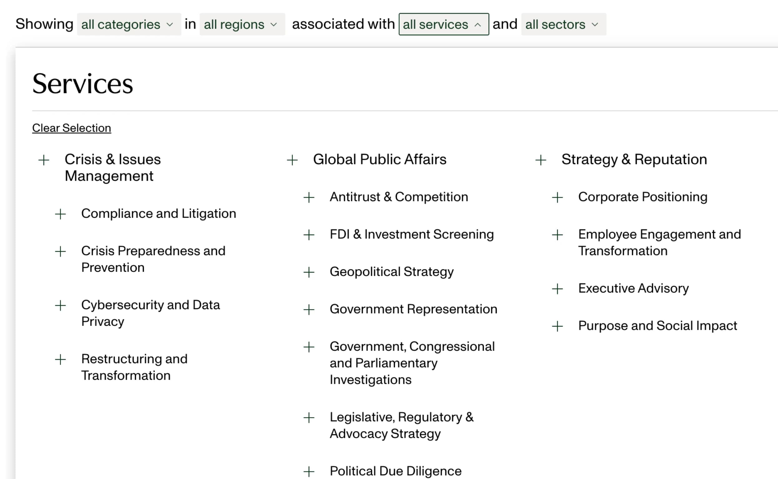 Service offerings categorized under Crisis Management, Global Public Affairs, and Strategy & Reputation, with various sub-services listed.
