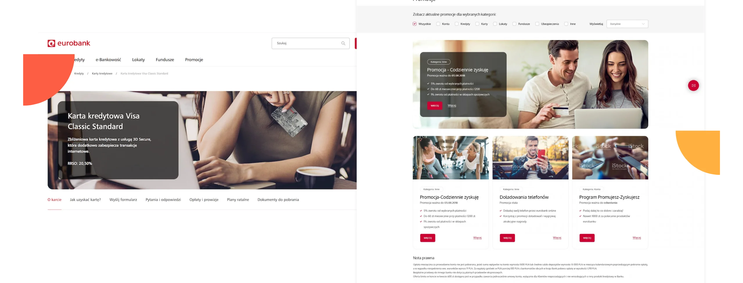 Split-screen showcasing a Eurobank website with a credit card ad on the left and promotions with smiling people on the right.