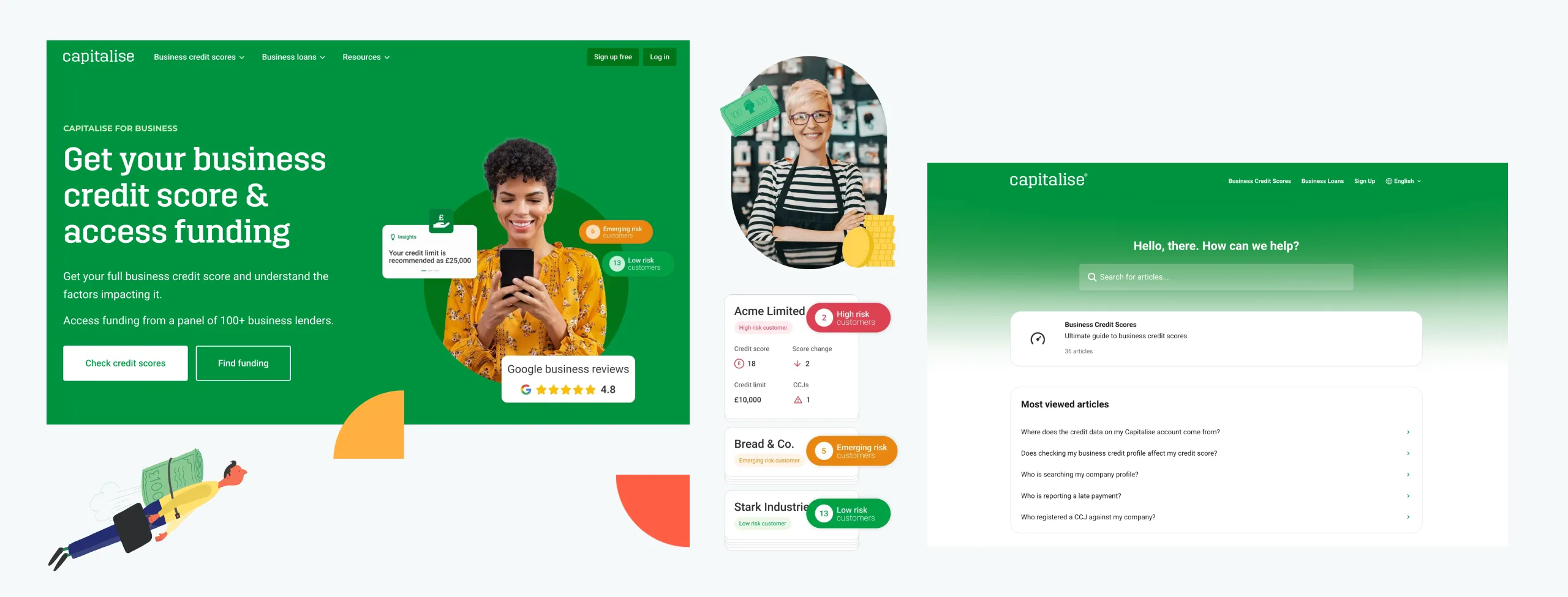 Split-screen image of the Capitalise website interface showing business credit services, with a woman holding a credit card and various financial dashboard elements.