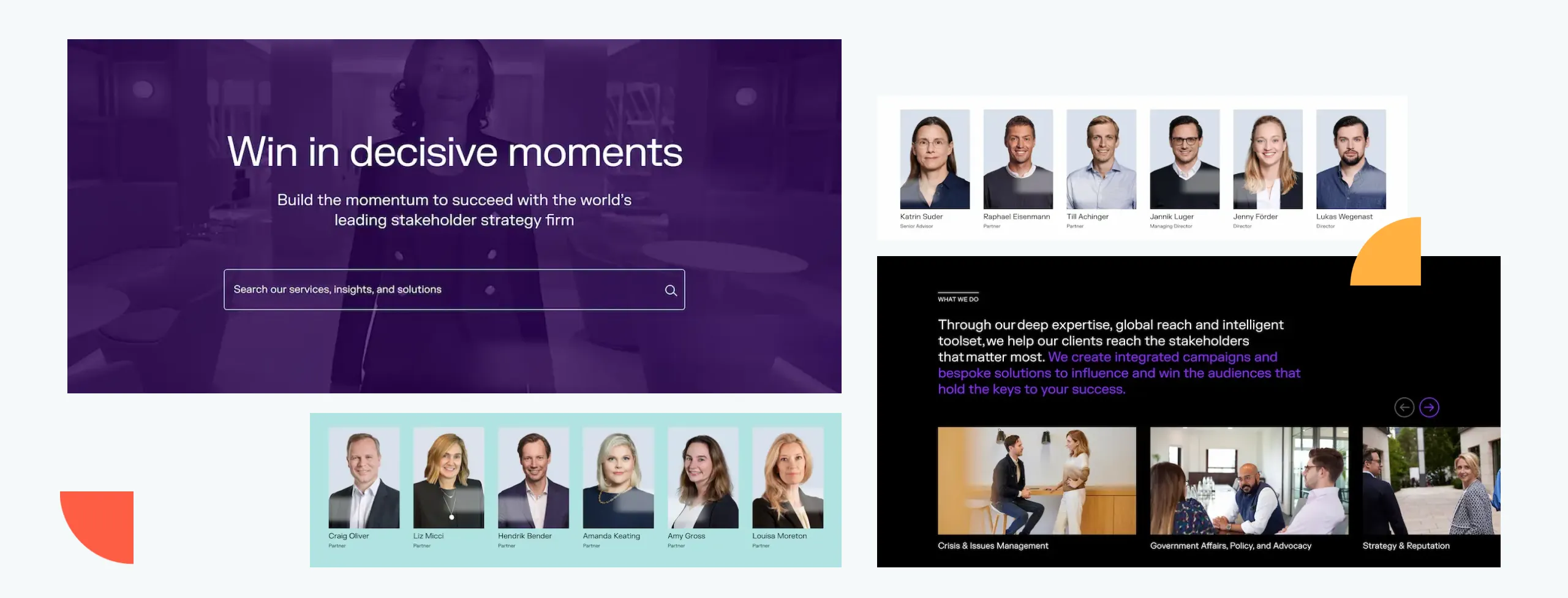FGS Global: collage of business professionals' headshots, a search bar, and text about stakeholder strategy