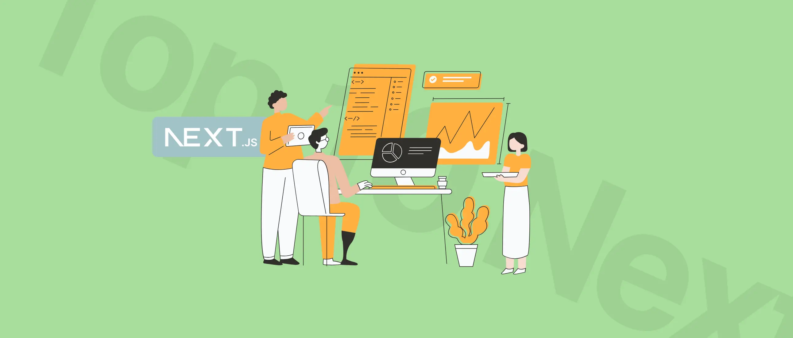 Cover photo to article titled: Top Next.js agencies. Three people collaborate in an office setting with a computer displaying charts. NEXT.js logo is visible. Background is green.