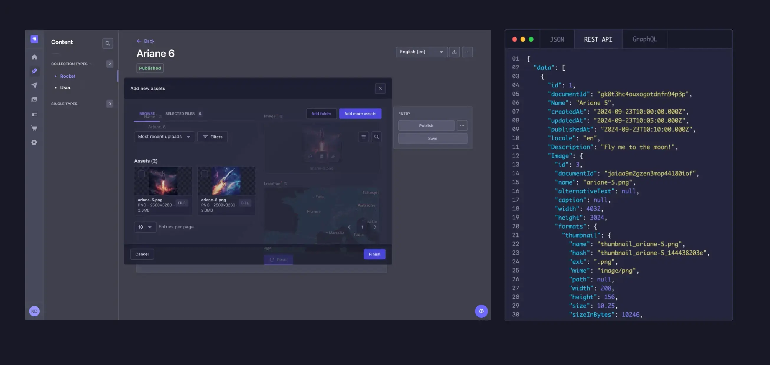 A dark-themed user interface with a content management panel on the left and JSON code displayed on the right.
