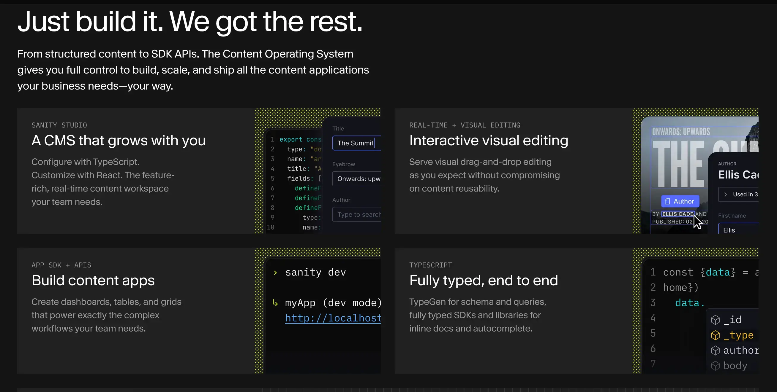 Dark-themed website with sections on CMS growth, visual editing, app building, and TypeScript. Features code snippets and interface previews.