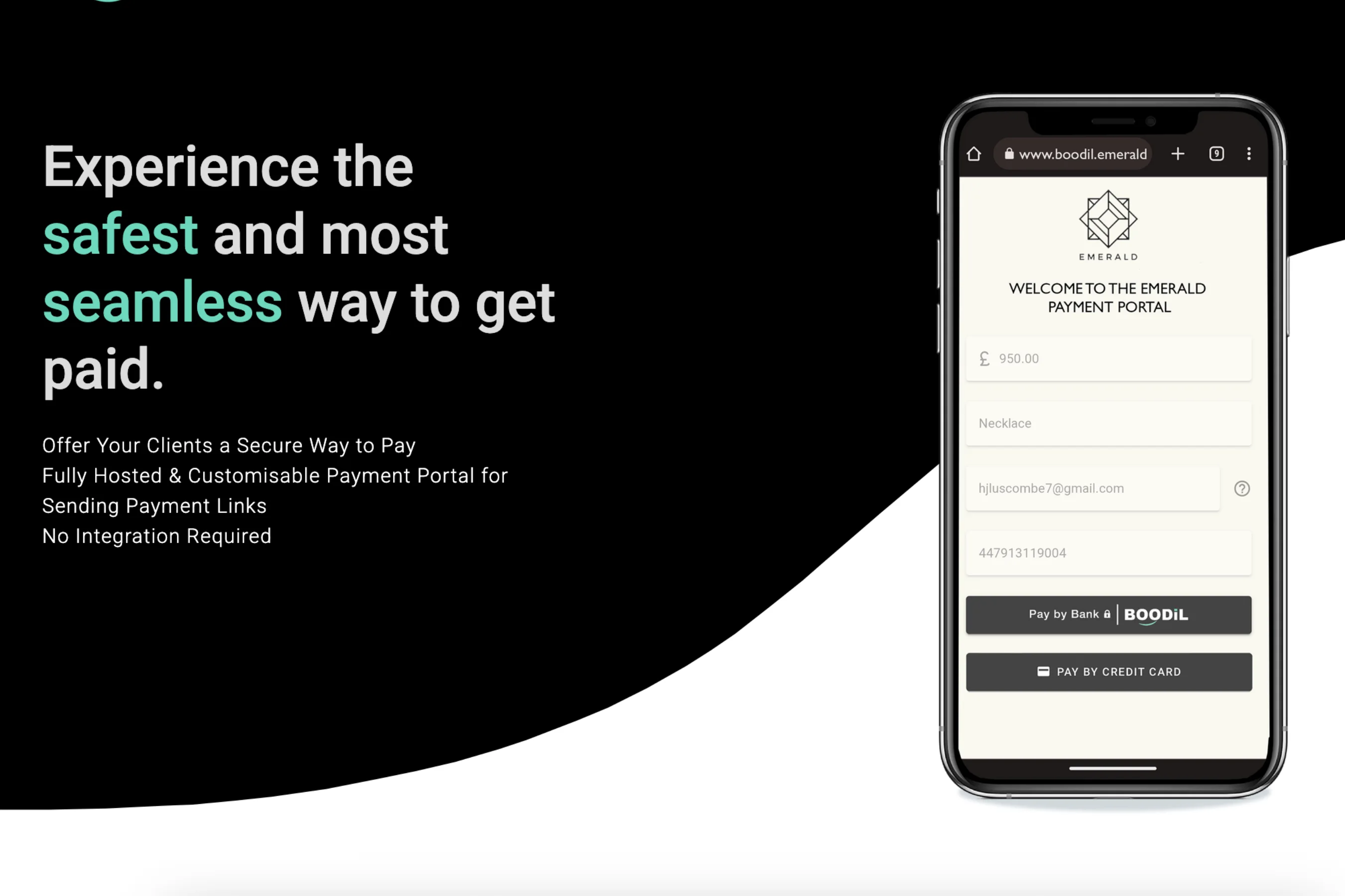 Smartphone displaying a payment portal screen next to text promoting a secure and seamless payment method.