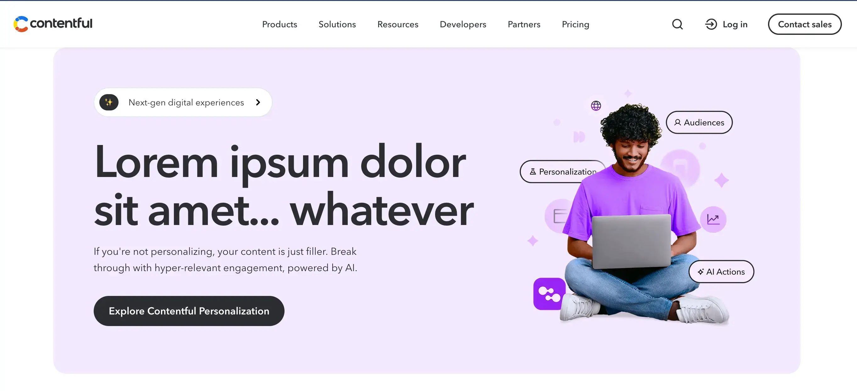 A man sitting cross-legged with a laptop, surrounded by icons, on a webpage promoting AI-powered content personalization.