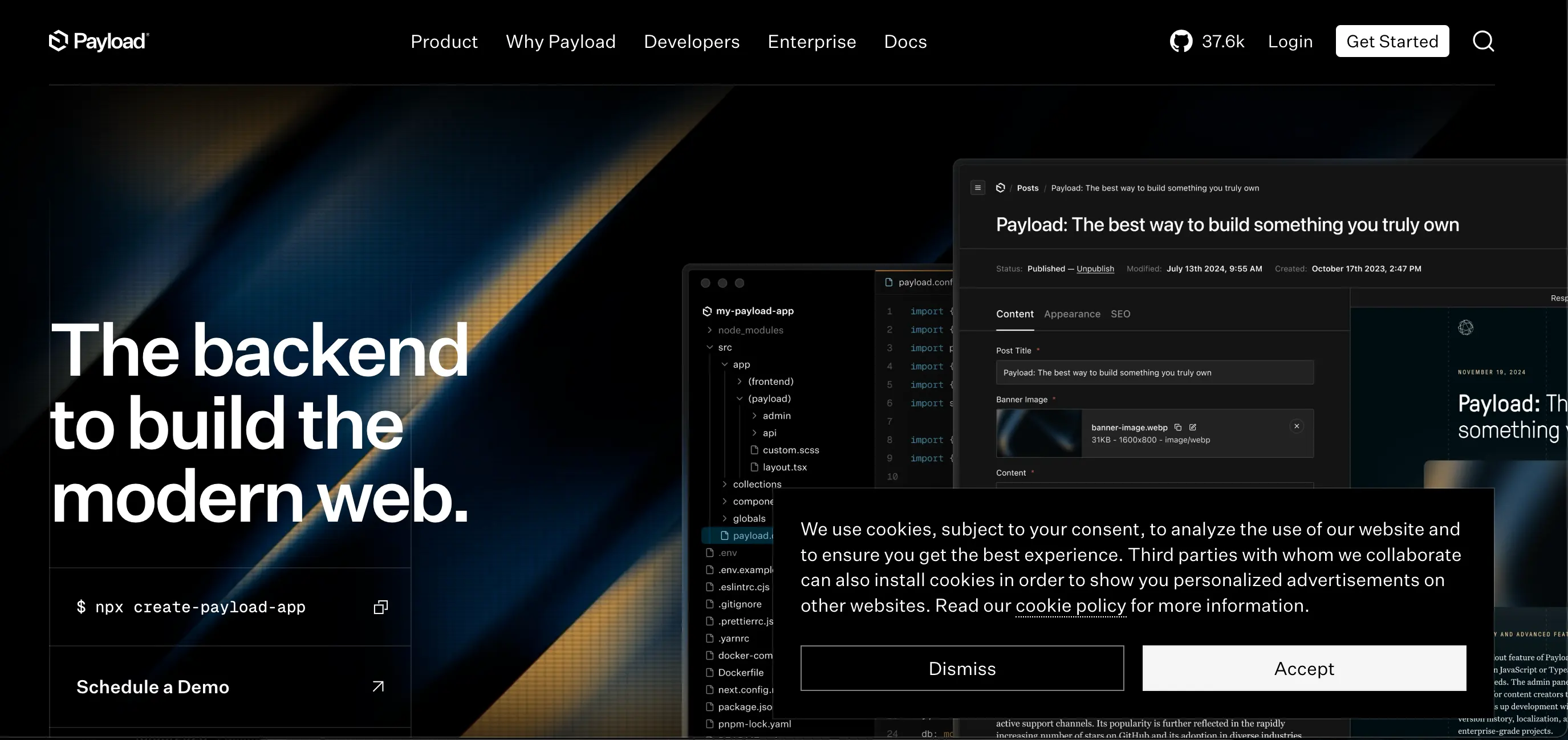 Website homepage with a dark theme, featuring text "The backend to build the modern web" and options for scheduling a demo and accepting cookies. It's Payloand main page screen.