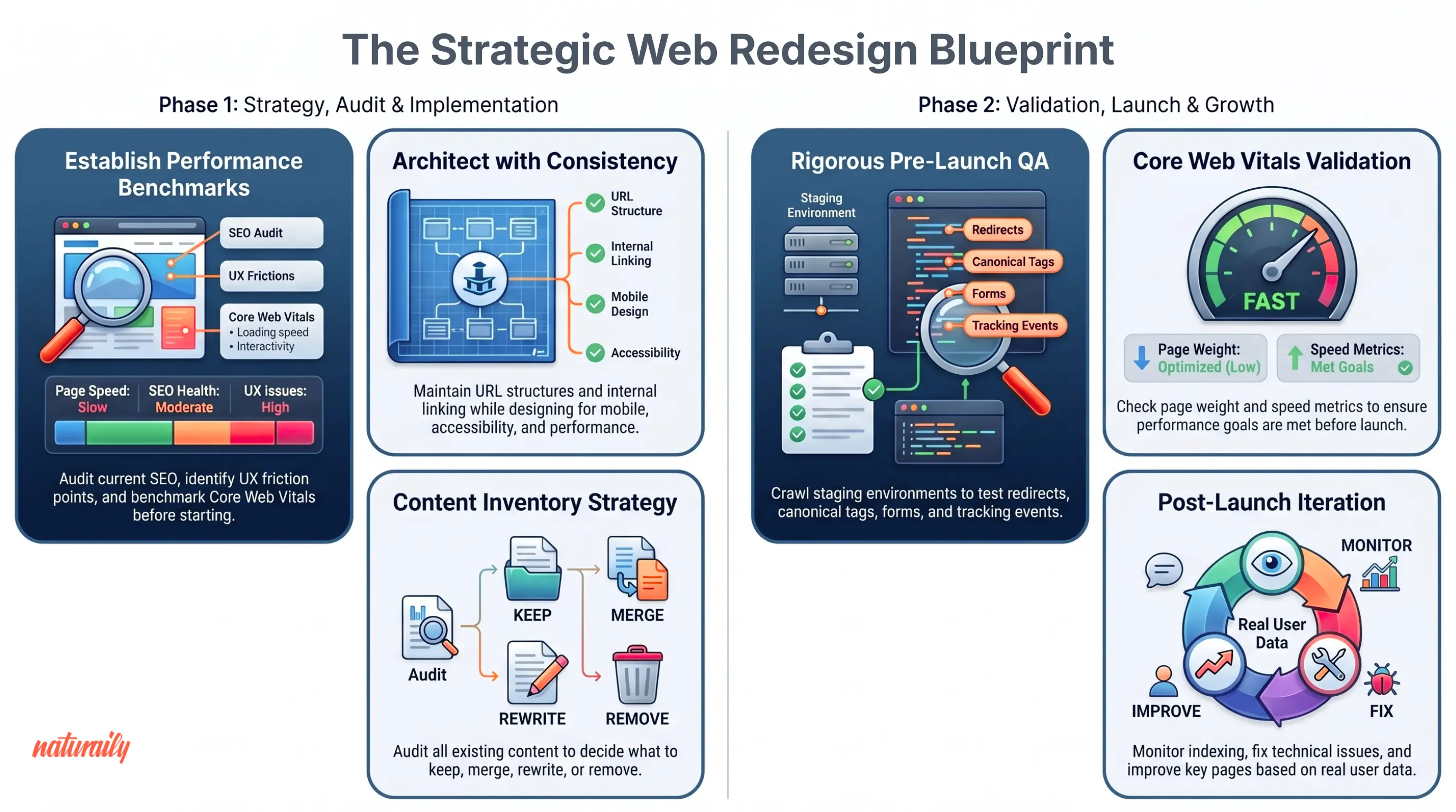 Flowchart of the strategic web redesign process, outlining phases for auditing, implementing, launching, and iterating.