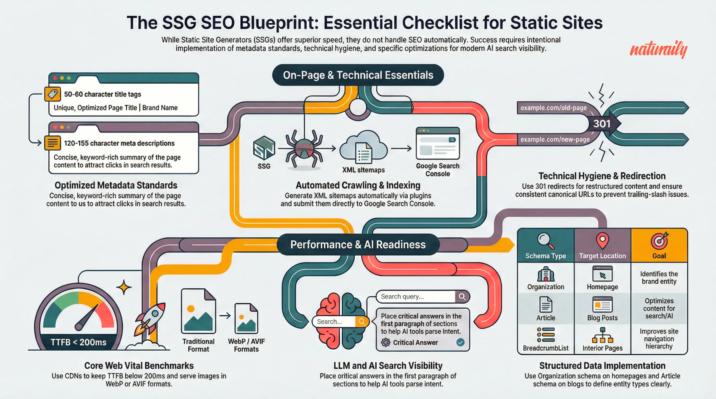 Infographic outlining an SEO checklist for static sites, including metadata optimization, XML sitemaps, 301 redirects, Core Web Vitals performance, AI search readiness, and structured data schema.
