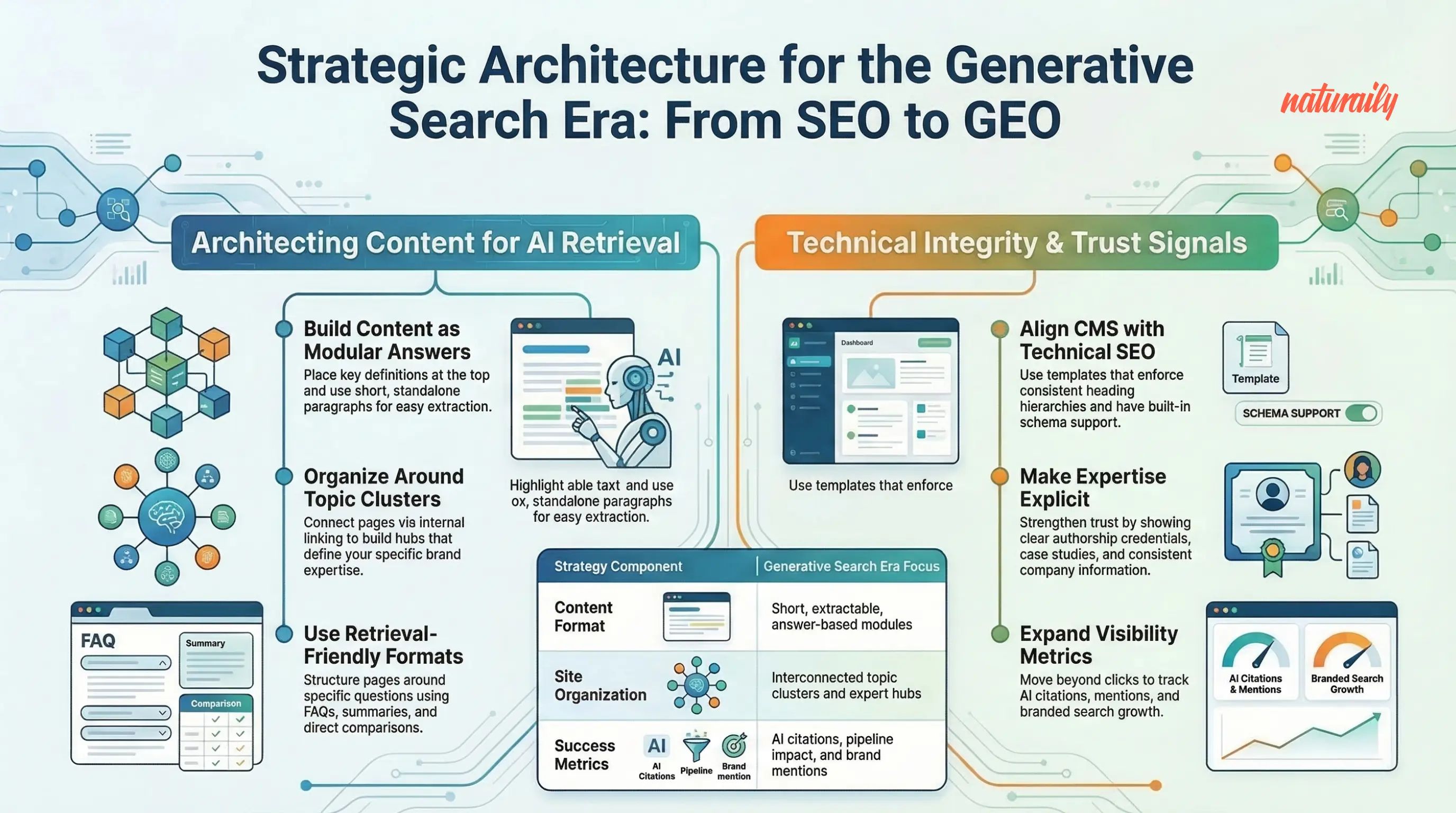 Infographic on generative search architecture, detailing content AI retrieval and technical signals. Features strategy components and expert alignment.