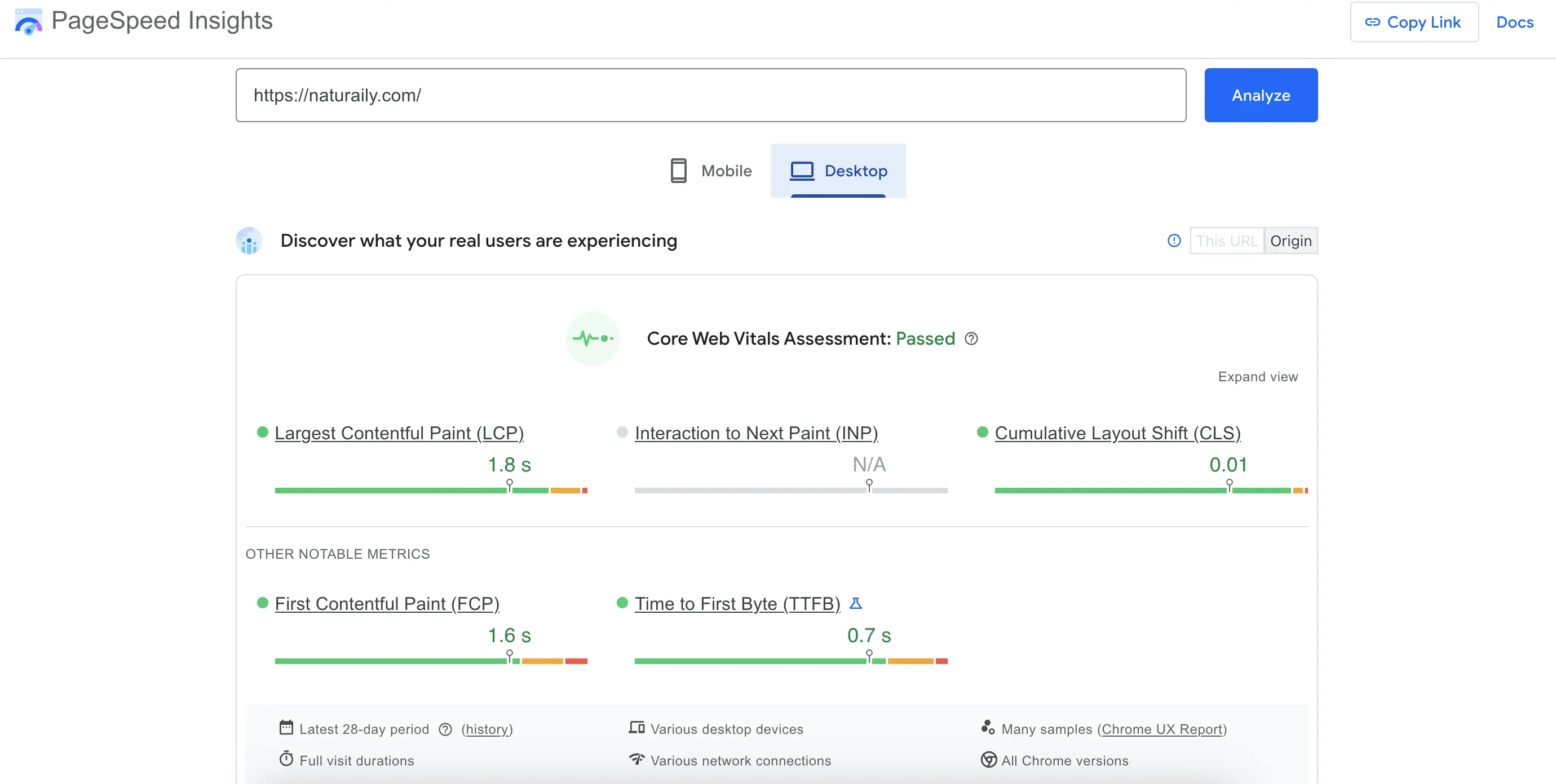 Screenshot of Google PageSpeed Insights for a website, showing performance metrics like LCP, FCP, and TTFB, with a passed assessment.