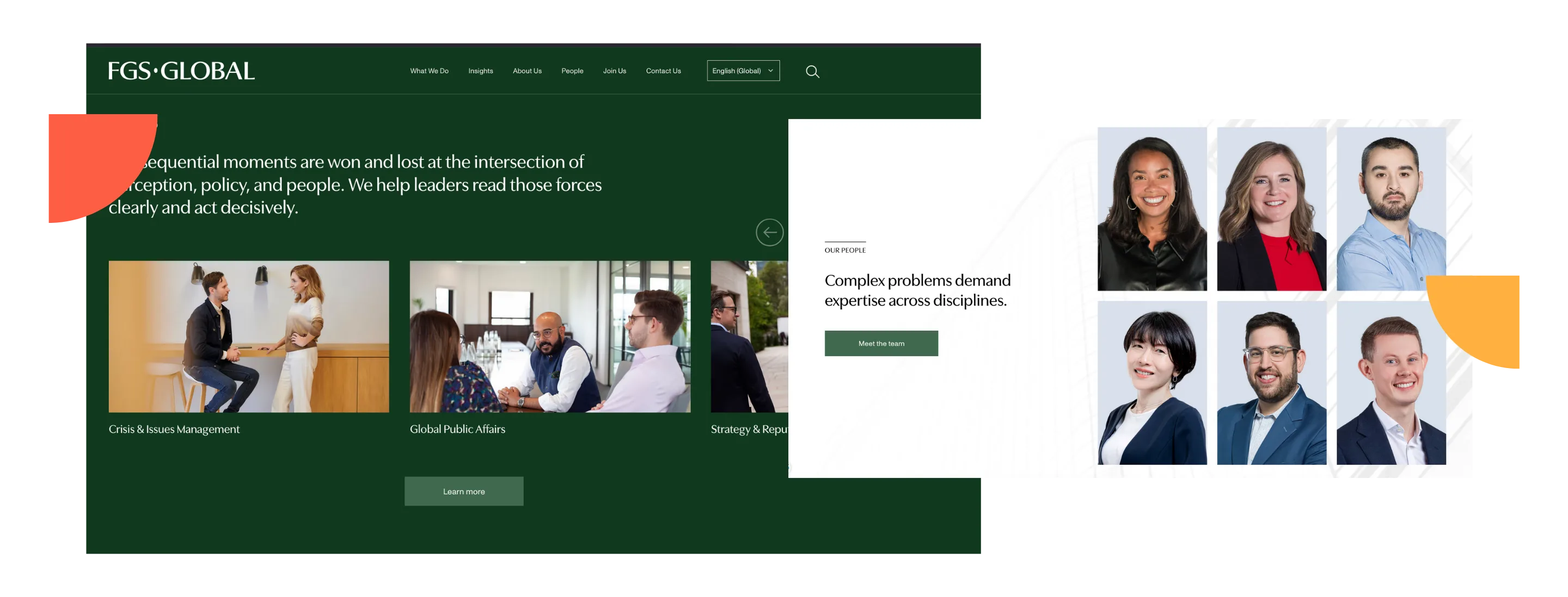 Website interface of FGS Global showcasing services, team photos, and a message about handling complex problems efficiently.