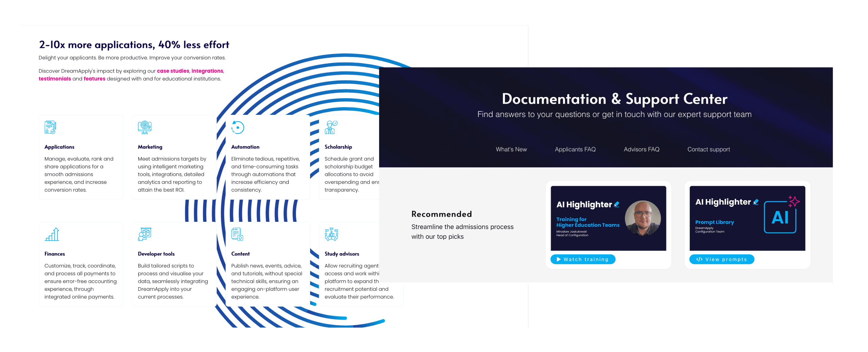 Side-by-side screens: text and circular blue design on left, dark-themed documentation and support center interface on right.