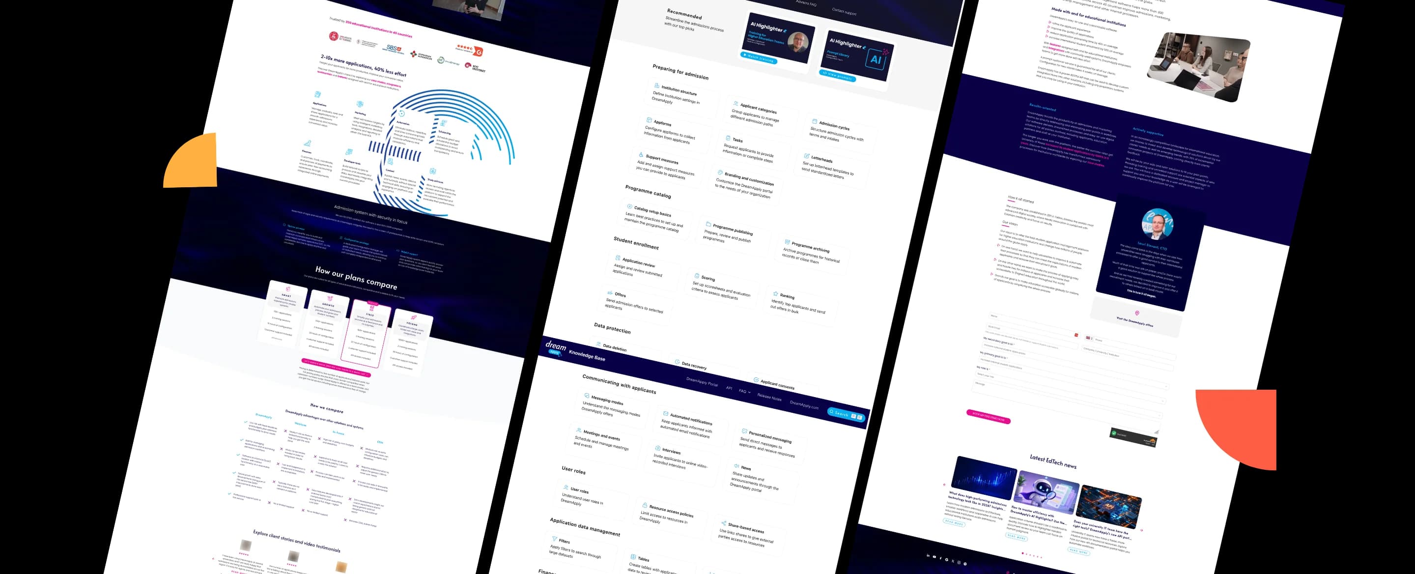 Collage of website layouts with various text and images on white backgrounds, featuring dark blue and red accents.