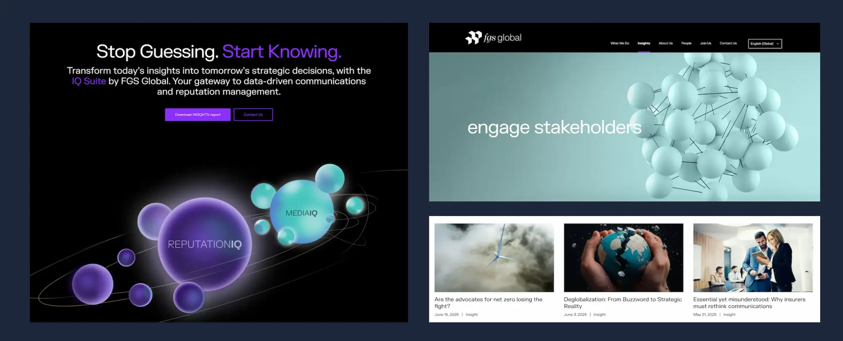 FGS Global Website split screen: left shows text "Stop Guessing. Start Knowing." with abstract spheres labeled "ReputationIQ." Right shows a website with stakeholder engagement theme.