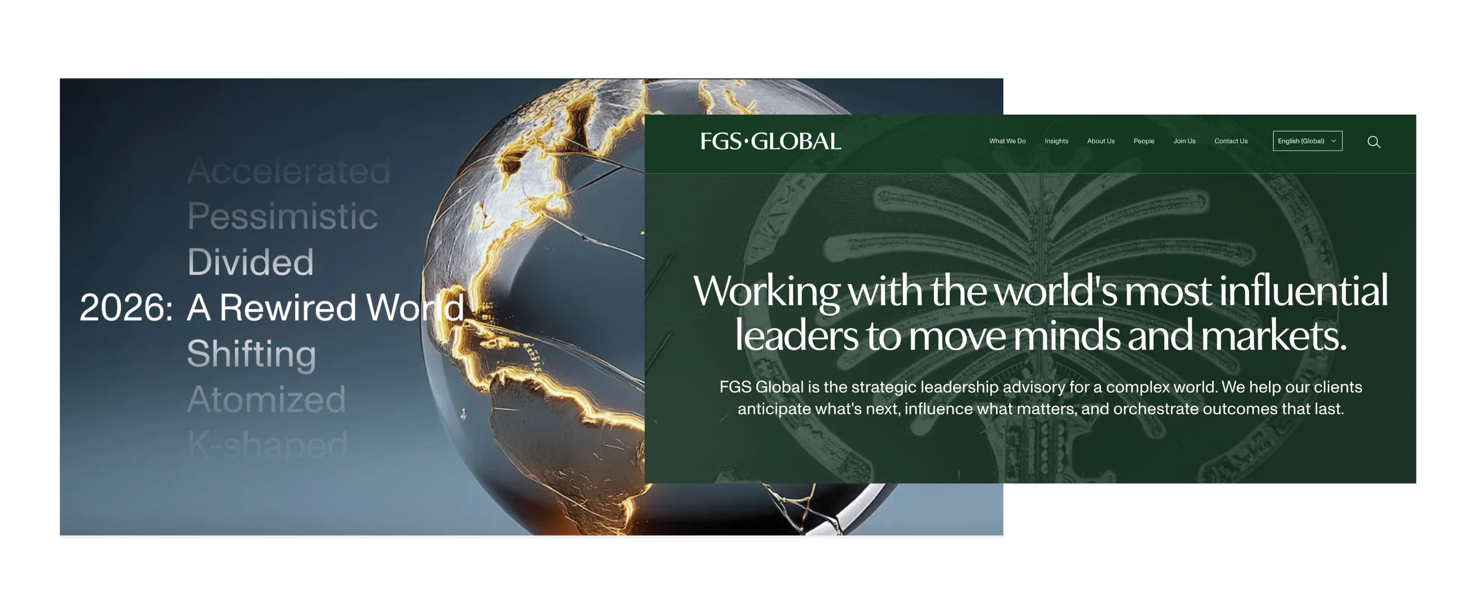 Text highlights challenges of 2026 as a "Rewired World" and shows FGS Global's focus on strategic leadership in a complex world.