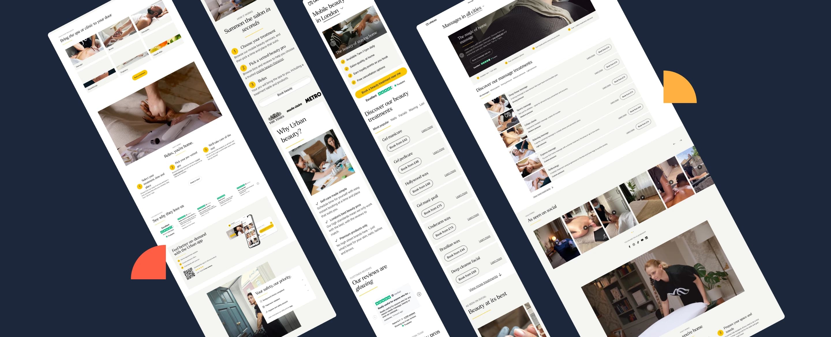 Four angled screenshots of a website displaying various pages with images, text, and user interface elements on a dark background.