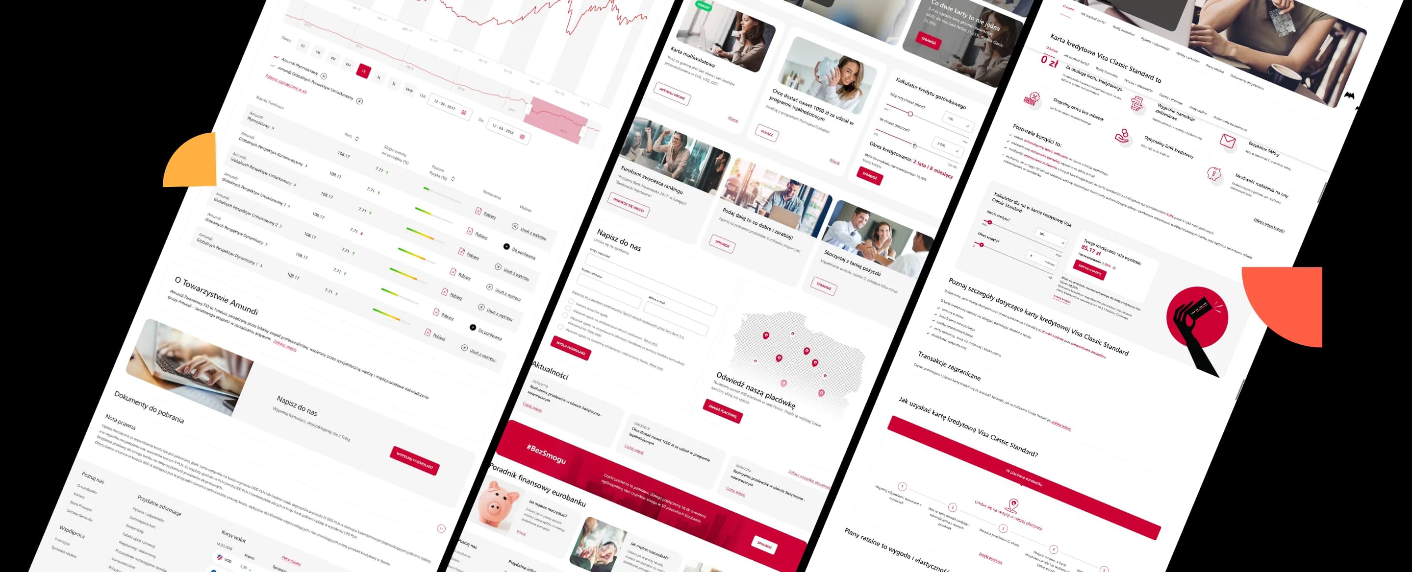 Three overlapping website pages with graphs, text boxes, and images of people, maps, and infographics, showcasing financial and contact information.