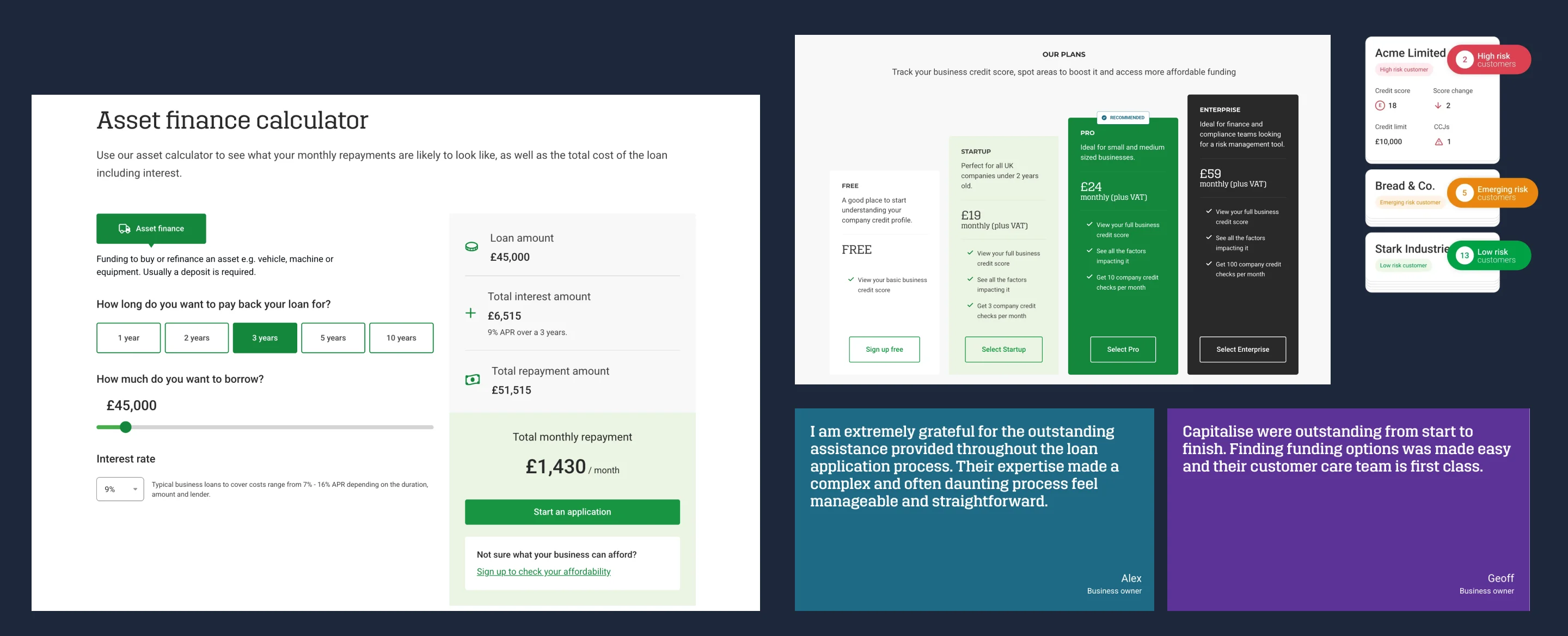 Asset finance calculator interface with loan details, repayment options, and testimonials on a dark blue background.