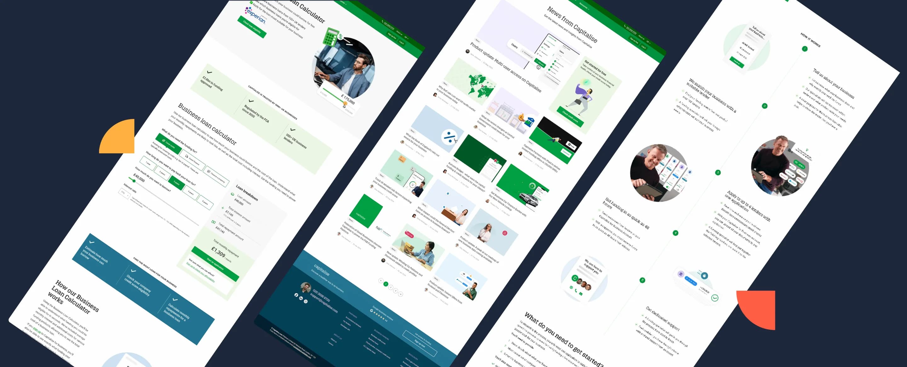 Three vertical Capitalise web page layouts with green accents, featuring text, images, and icons on a dark background.
