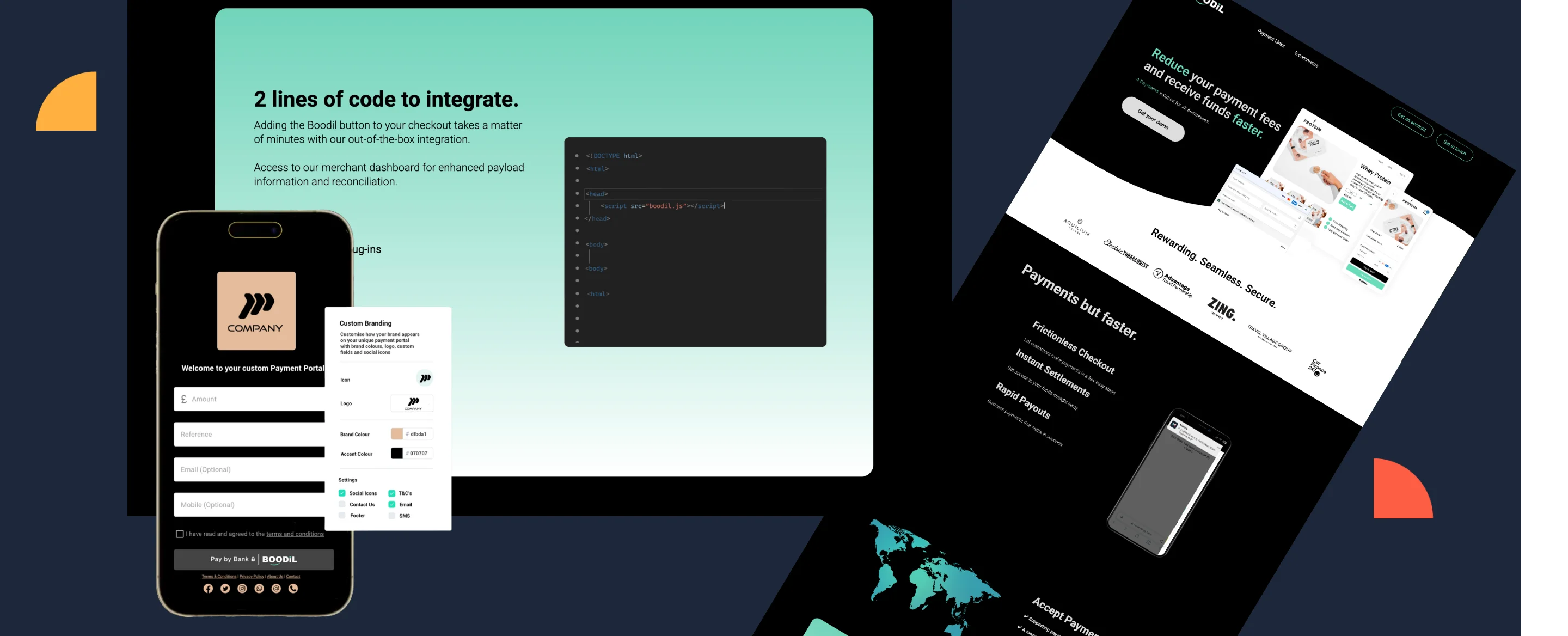 A digital collage showing a mobile app login screen, a code snippet, and a website with a world map and various icons on a dark background.