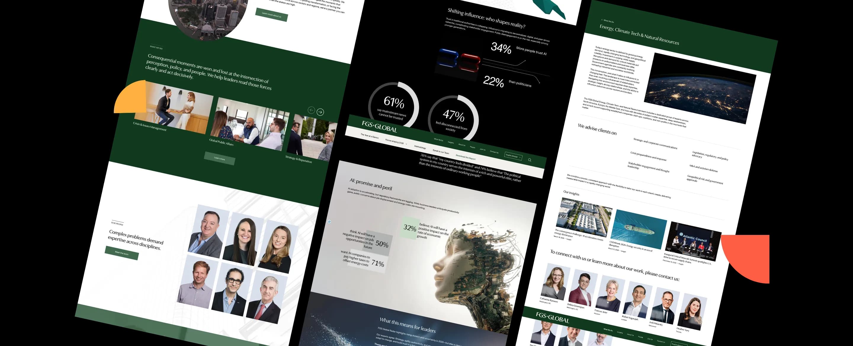 A collage of five website pages featuring business graphics, charts, professional portraits, and a nature-themed profile silhouette on a light background.