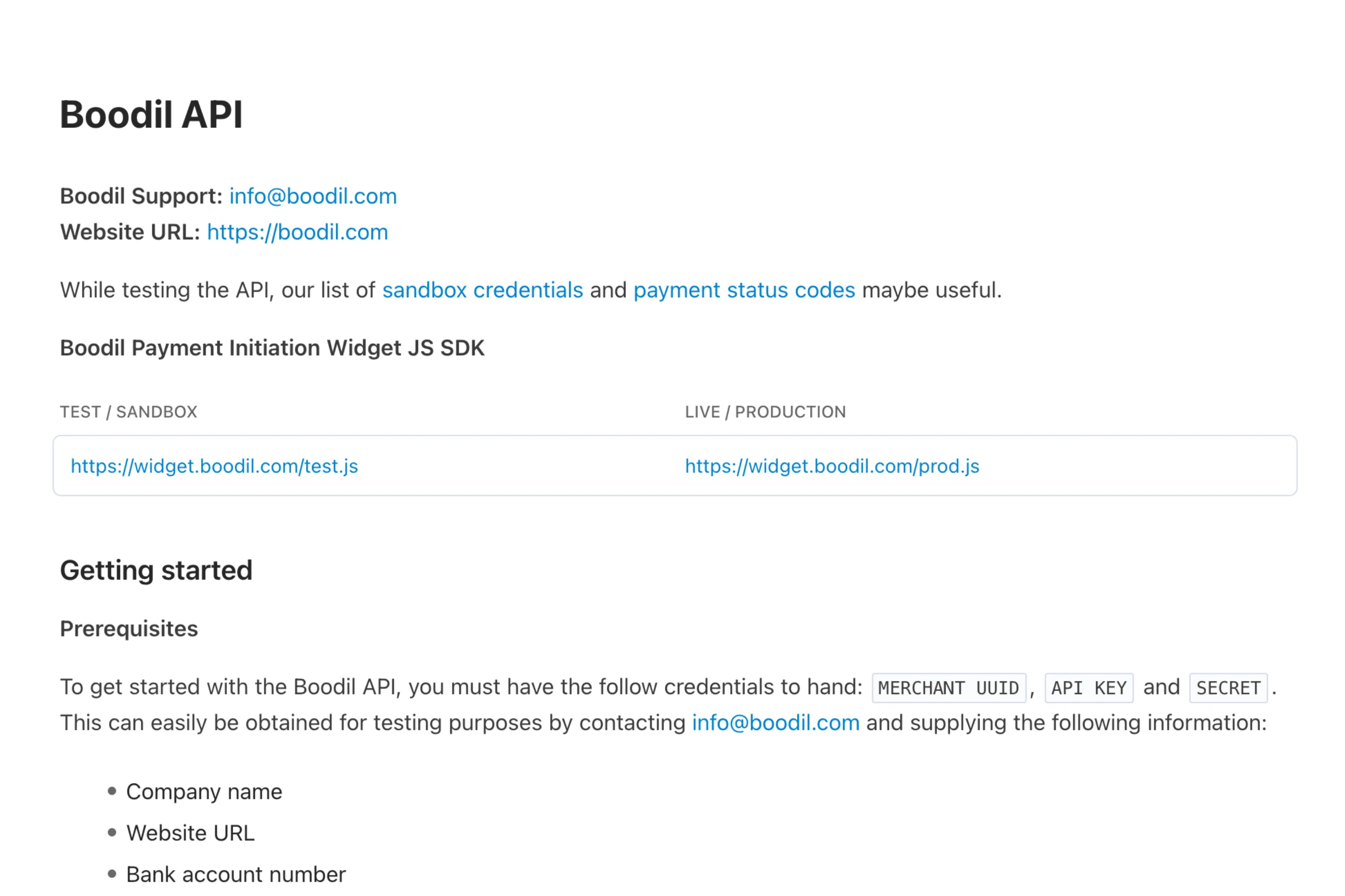 Screenshot of Boodil API documentation showing support contact, website URL, and links for sandbox and live payment widget JS SDK.