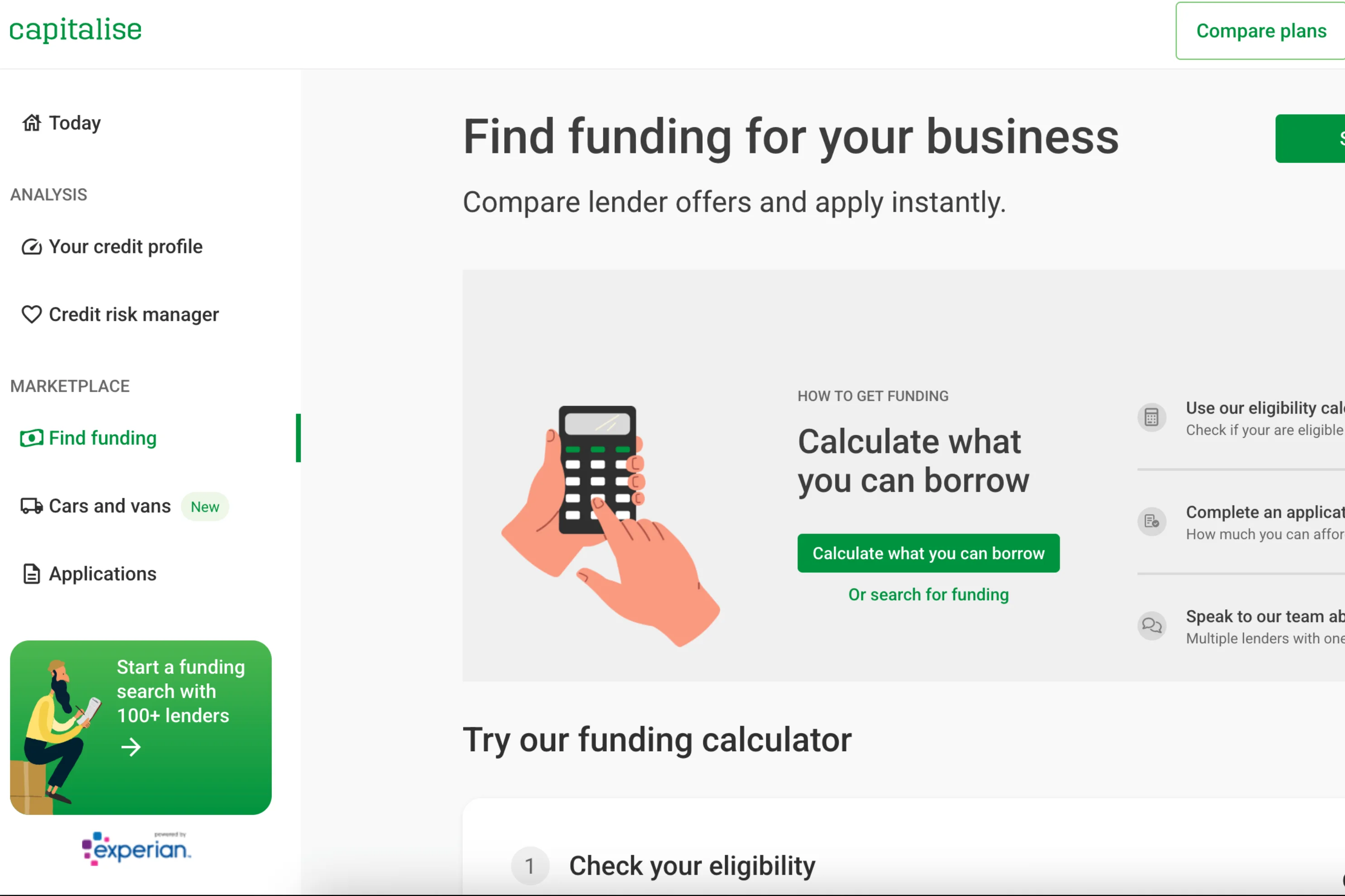 Business funding webpage with a calculator graphic, options to calculate borrowing, and steps for eligibility, application, and lender comparison.