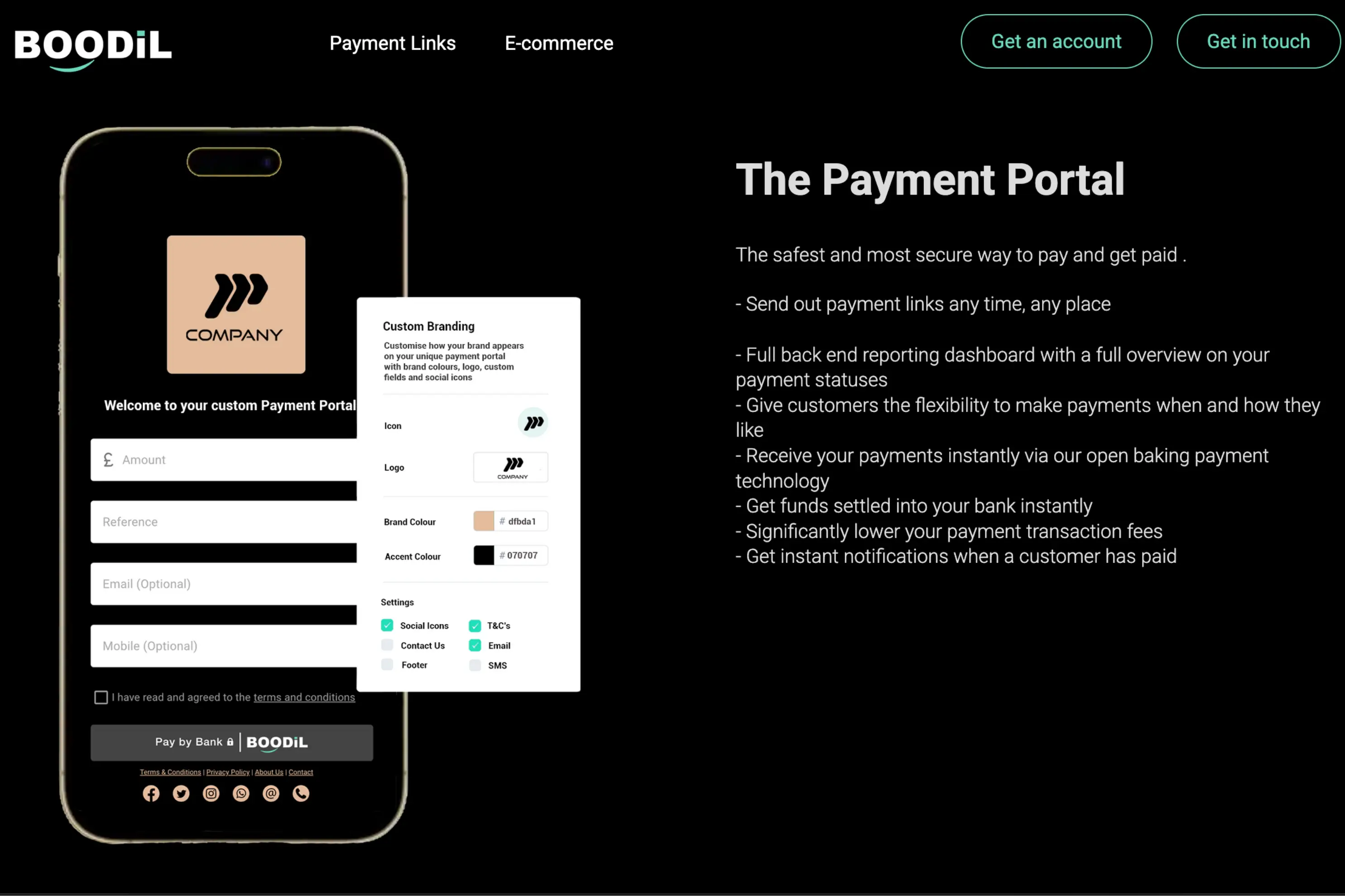 Smartphone displaying a payment portal with branding options and features like instant payments, transaction fees, and reporting dashboard.