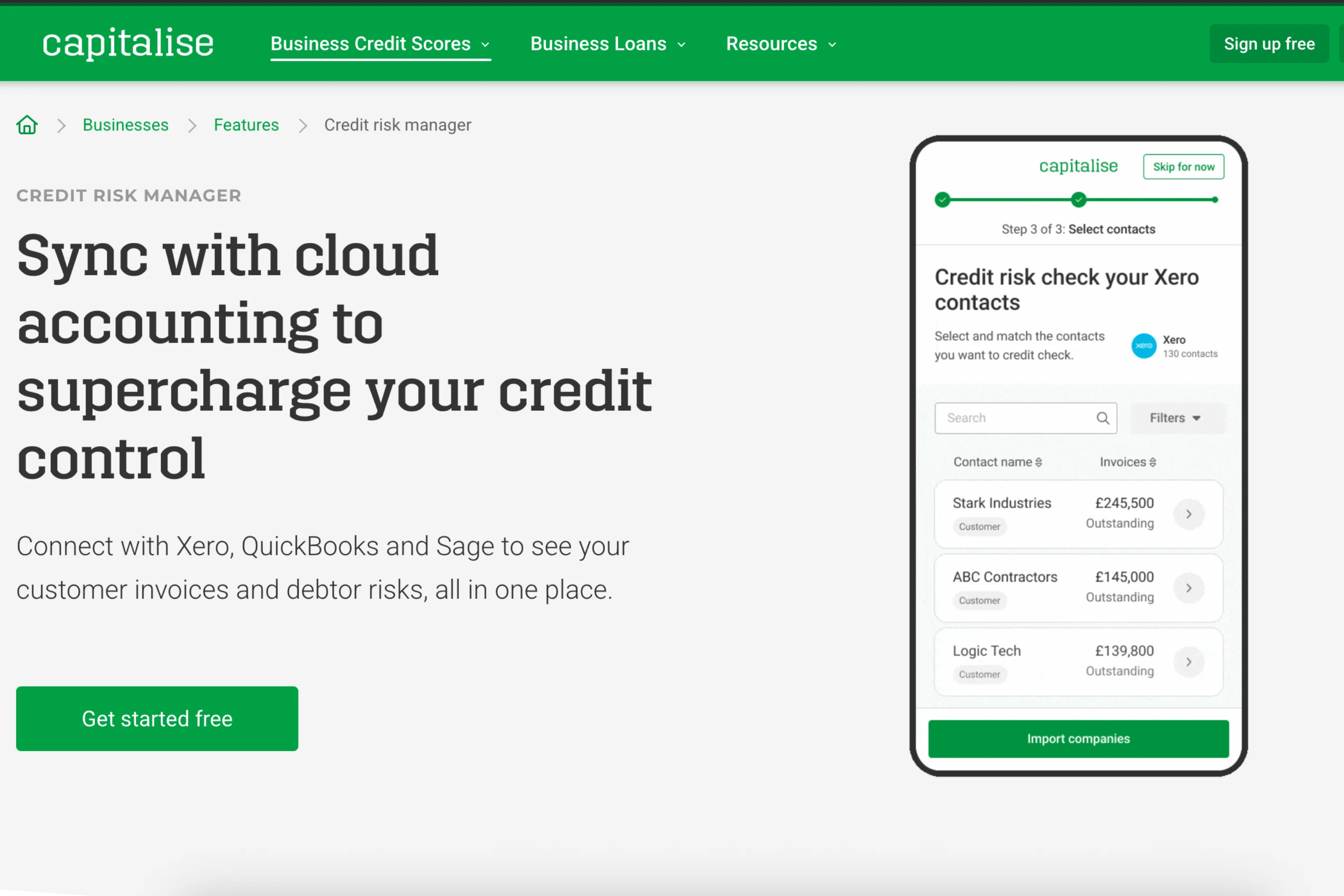 Website interface for a credit risk manager tool, featuring cloud accounting integration and a "Get started free" button.