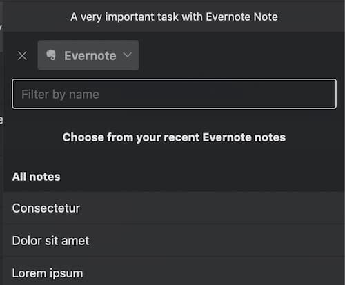 Evernote interface showing a search bar and a list of notes titled "Consectetur," "Dolor sit amet," and "Lorem ipsum."