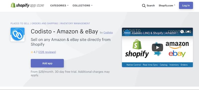 Shopify app store page for Codisto - Amazon & eBay, featuring app details, a 4.7-star rating, and an "Add app" button.