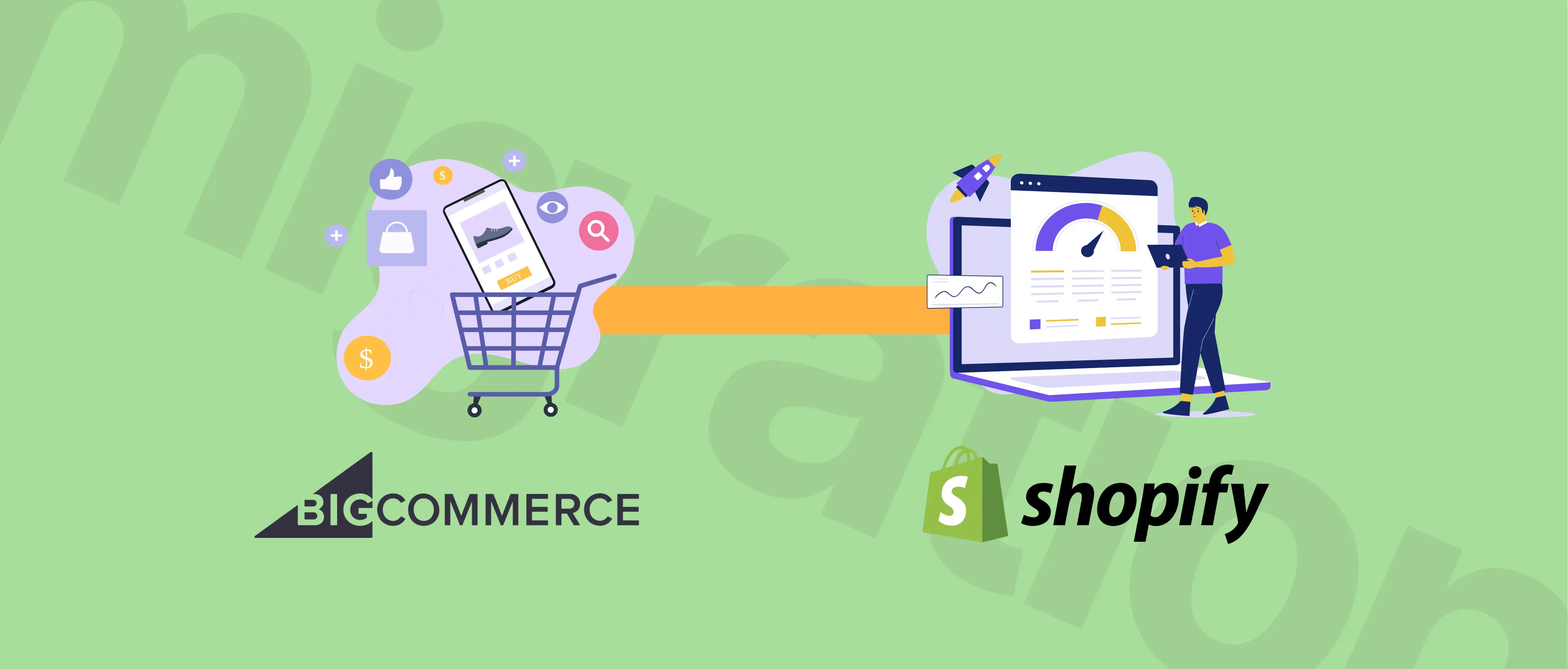 Illustration of migrating from BigCommerce to Shopify, featuring a shopping cart and a laptop with graphs on a green background.