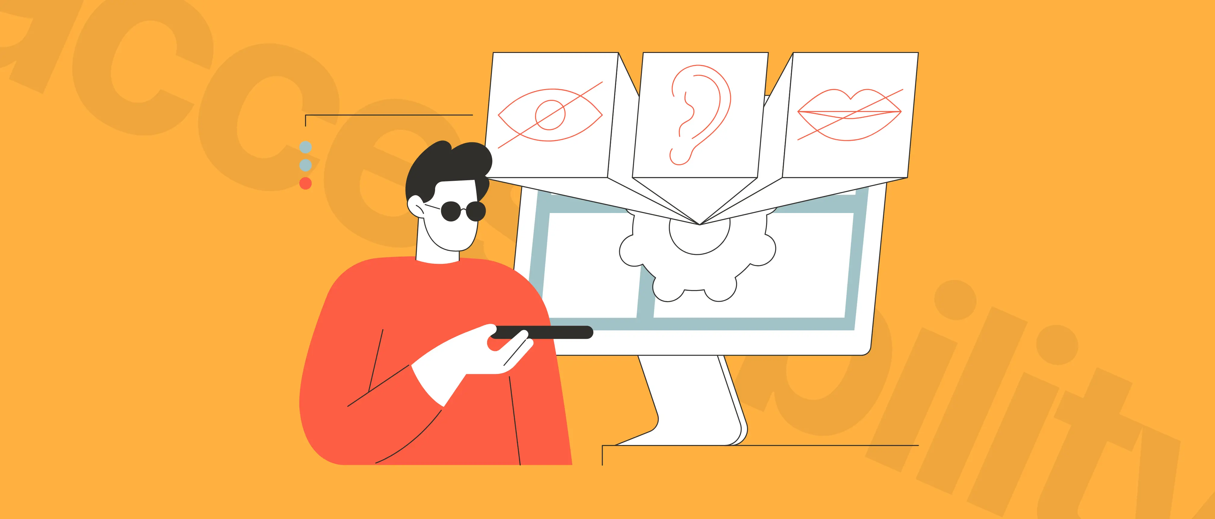 Illustration of a person wearing sunglasses and pointing out to a computer monitor. Above the monitor are icons representing visual, hearing, and speech impairments, symbolizing web accessibility and inclusive design.