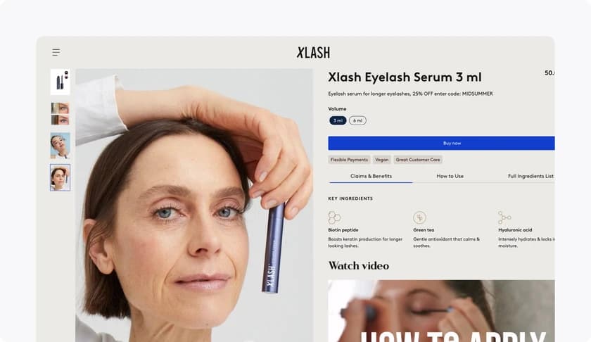 Woman holding Xlash Eyelash Serum, product details displayed on the screen, including volume, benefits, and ingredients.